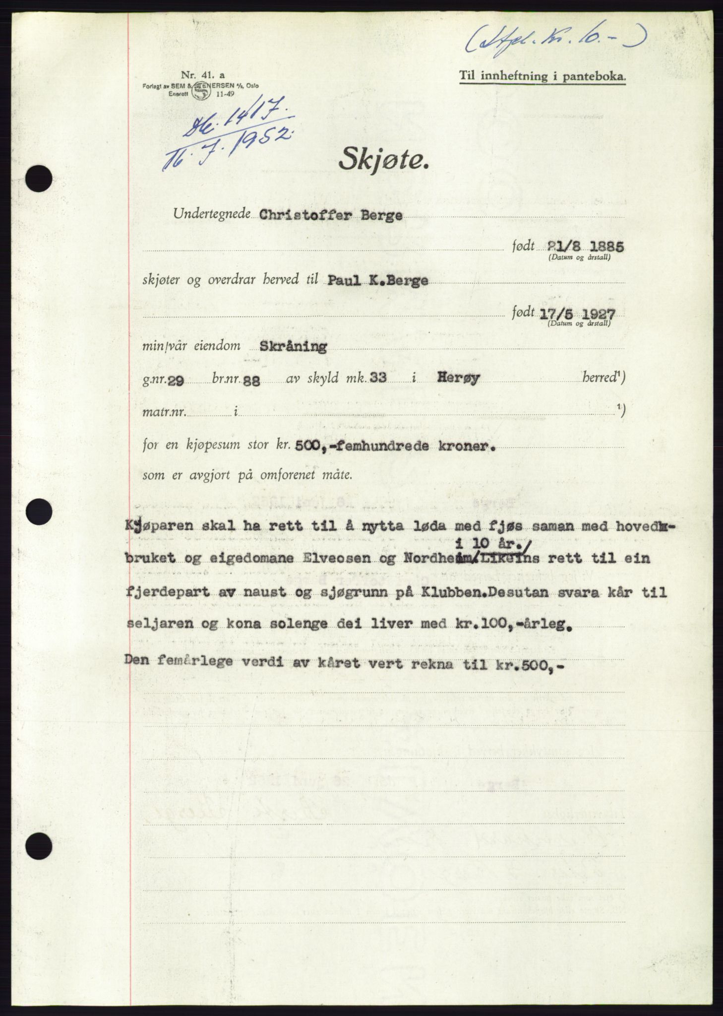 Søre Sunnmøre sorenskriveri, AV/SAT-A-4122/1/2/2C/L0092: Pantebok nr. 18A, 1952-1952, Dagboknr: 1417/1952