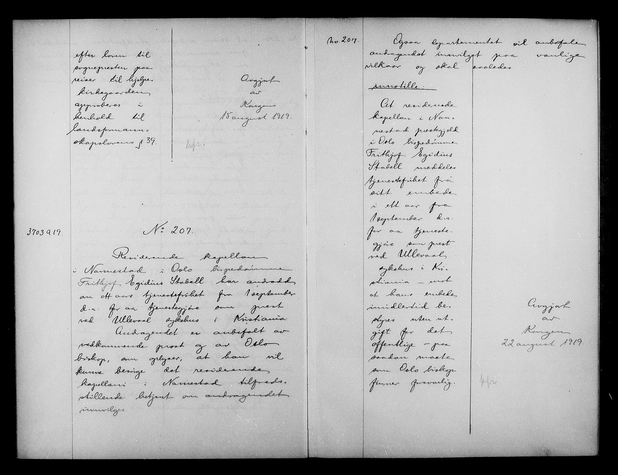 Kirke- og undervisningsdepartementet, Kontoret  for kirke og geistlighet A, AV/RA-S-1007/A/Aa/L0329: Referatprotokoll bd. 2. Ref.nr. 206-315, 1919