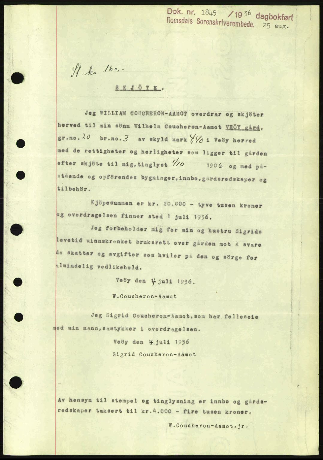 Romsdal sorenskriveri, SAT/A-4149/1/2/2C: Pantebok nr. A1, 1936-1936, Dagboknr: 1845/1936