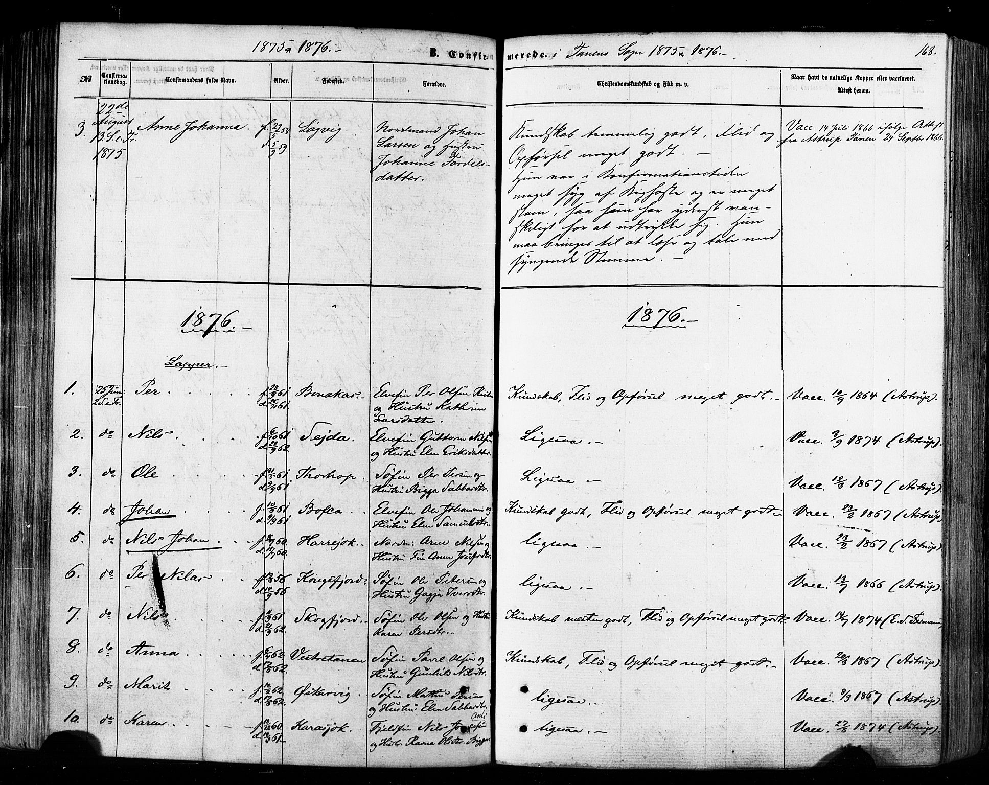Tana sokneprestkontor, AV/SATØ-S-1334/H/Ha/L0002kirke: Ministerialbok nr. 2 /1, 1861-1877, s. 168