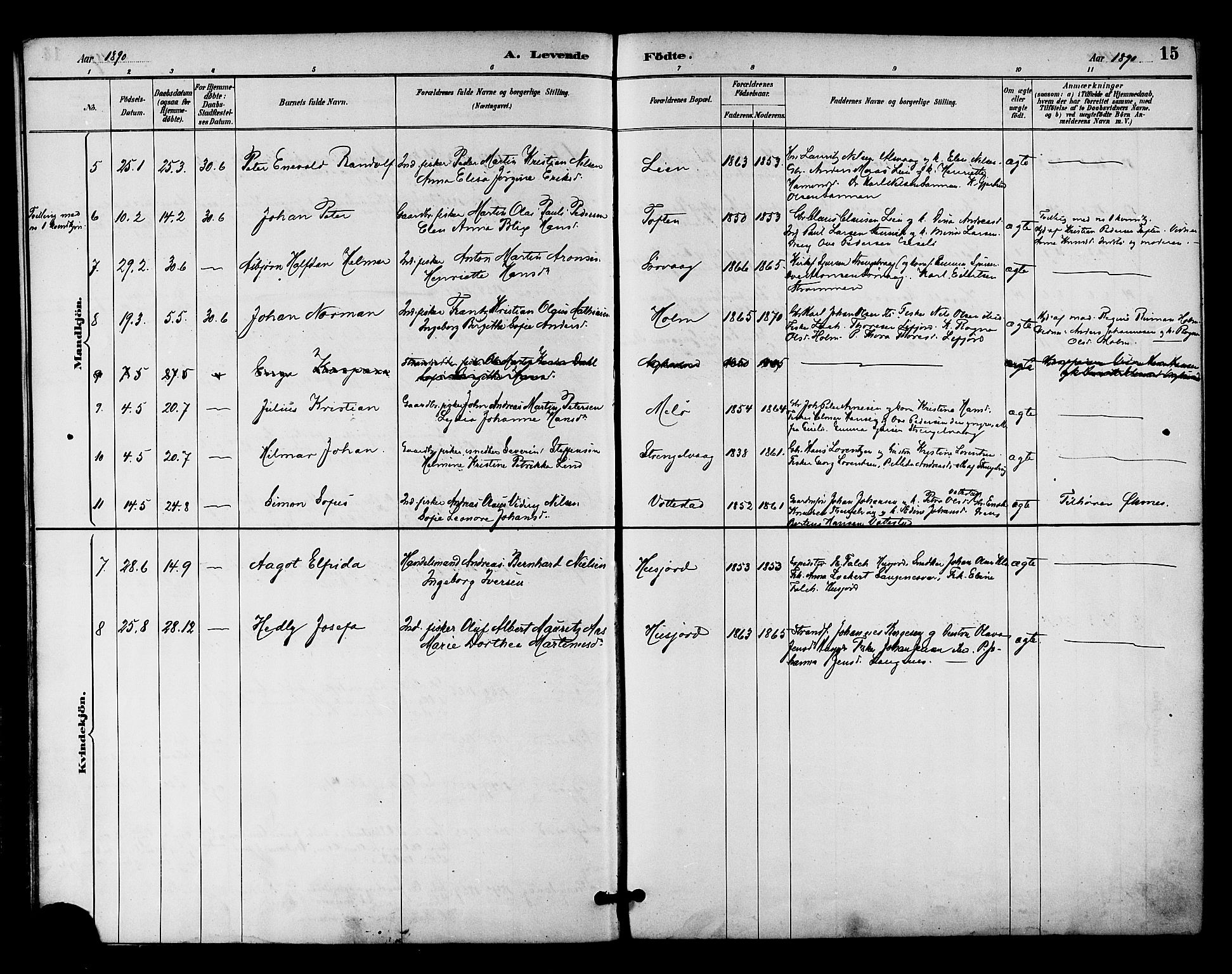 Ministerialprotokoller, klokkerbøker og fødselsregistre - Nordland, SAT/A-1459/894/L1355: Ministerialbok nr. 894A01, 1885-1896, s. 15