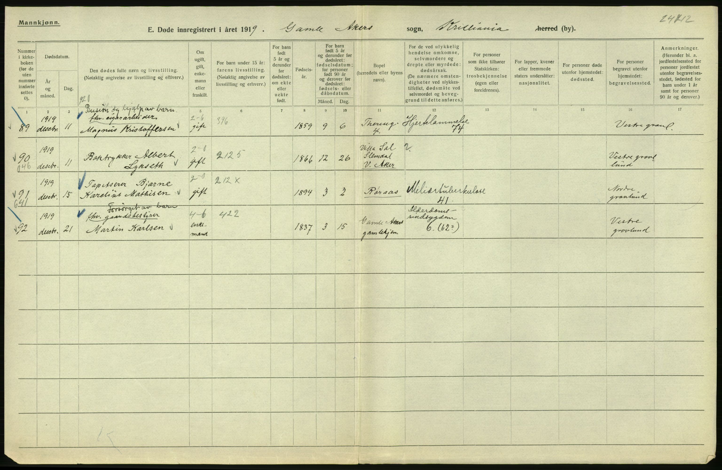 Statistisk sentralbyrå, Sosiodemografiske emner, Befolkning, AV/RA-S-2228/D/Df/Dfb/Dfbi/L0011: Kristiania: Døde, dødfødte, 1919