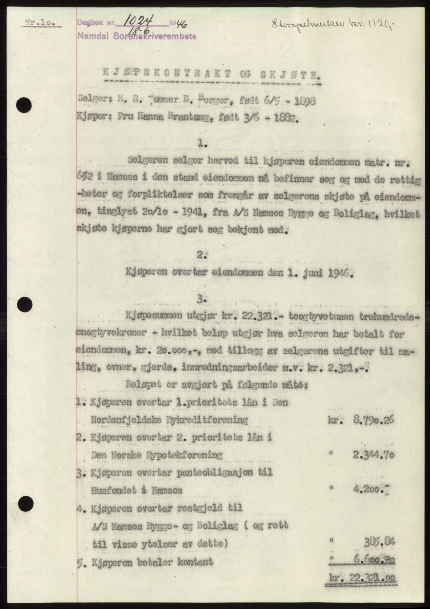 Namdal sorenskriveri, SAT/A-4133/1/2/2C: Pantebok nr. -, 1946-1946, Dagboknr: 1024/1946