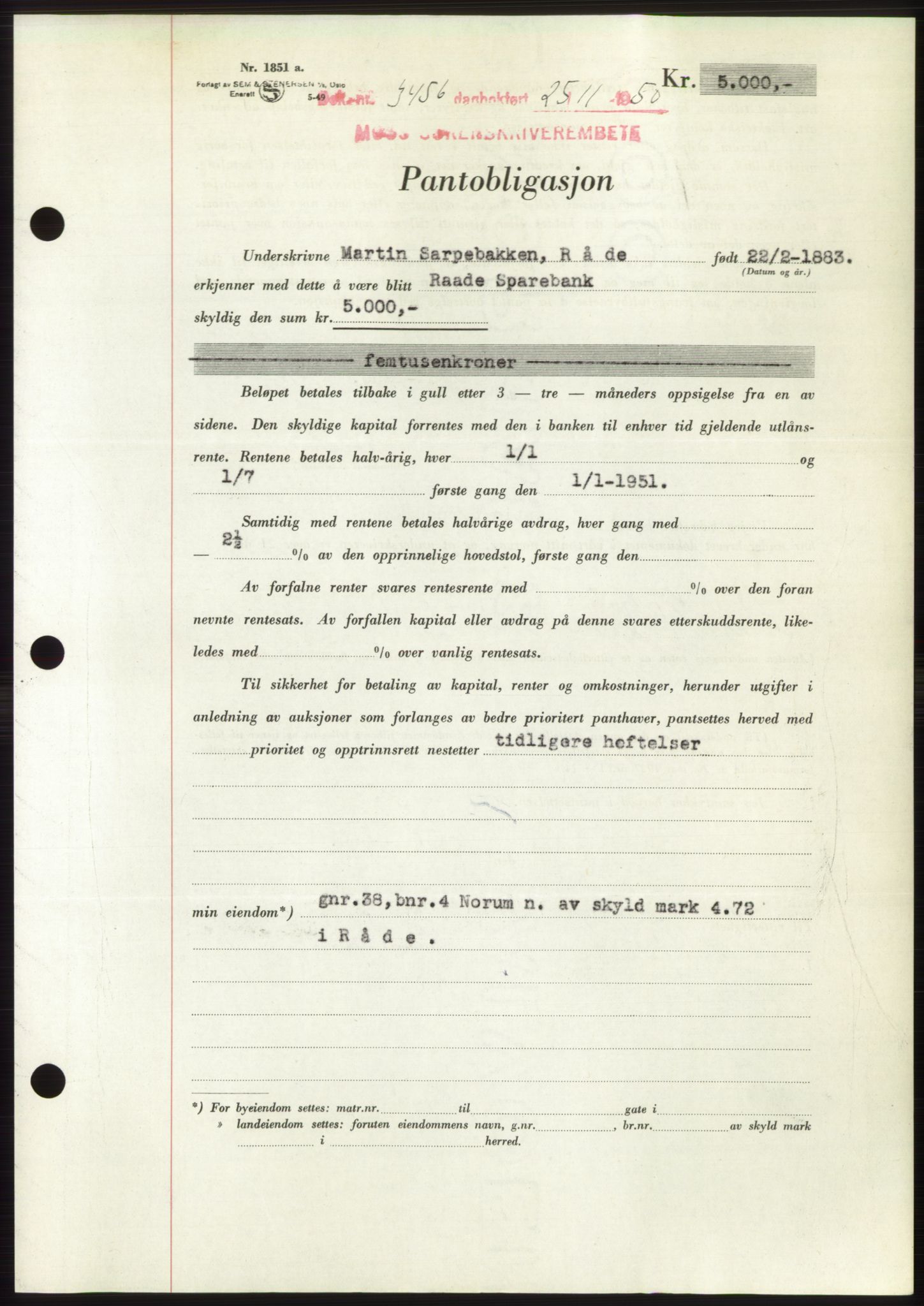 Moss sorenskriveri, SAO/A-10168: Pantebok nr. B25, 1950-1950, Dagboknr: 3456/1950