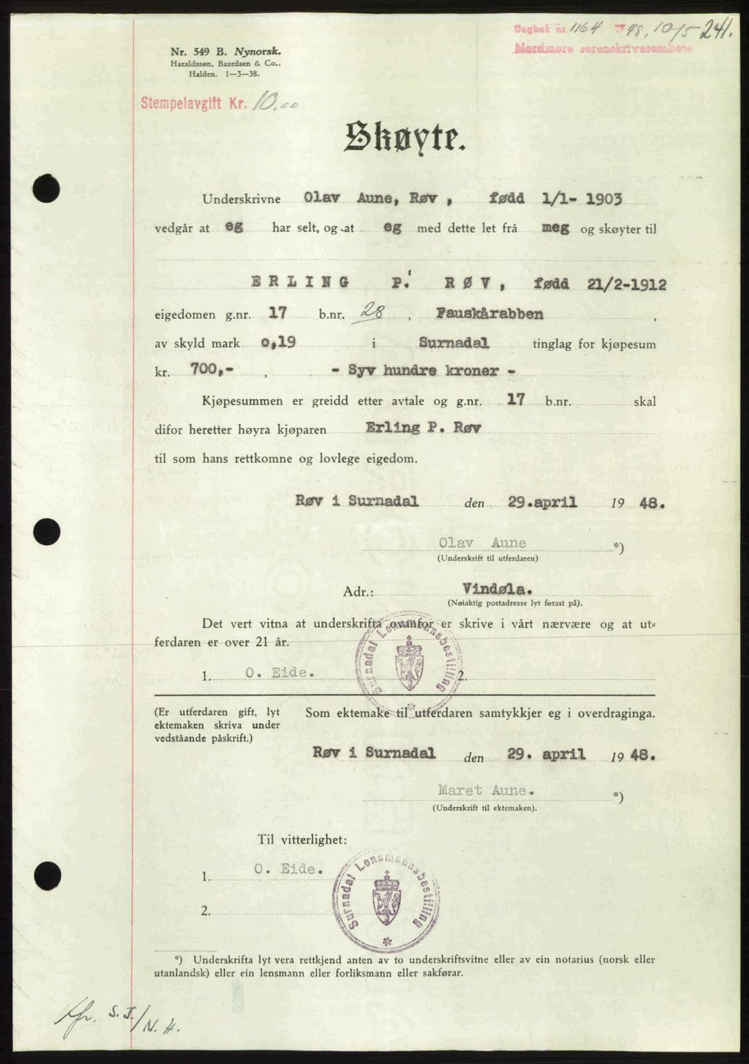 Nordmøre sorenskriveri, SAT/A-4132/1/2/2Ca: Pantebok nr. A108, 1948-1948, Dagboknr: 1164/1948