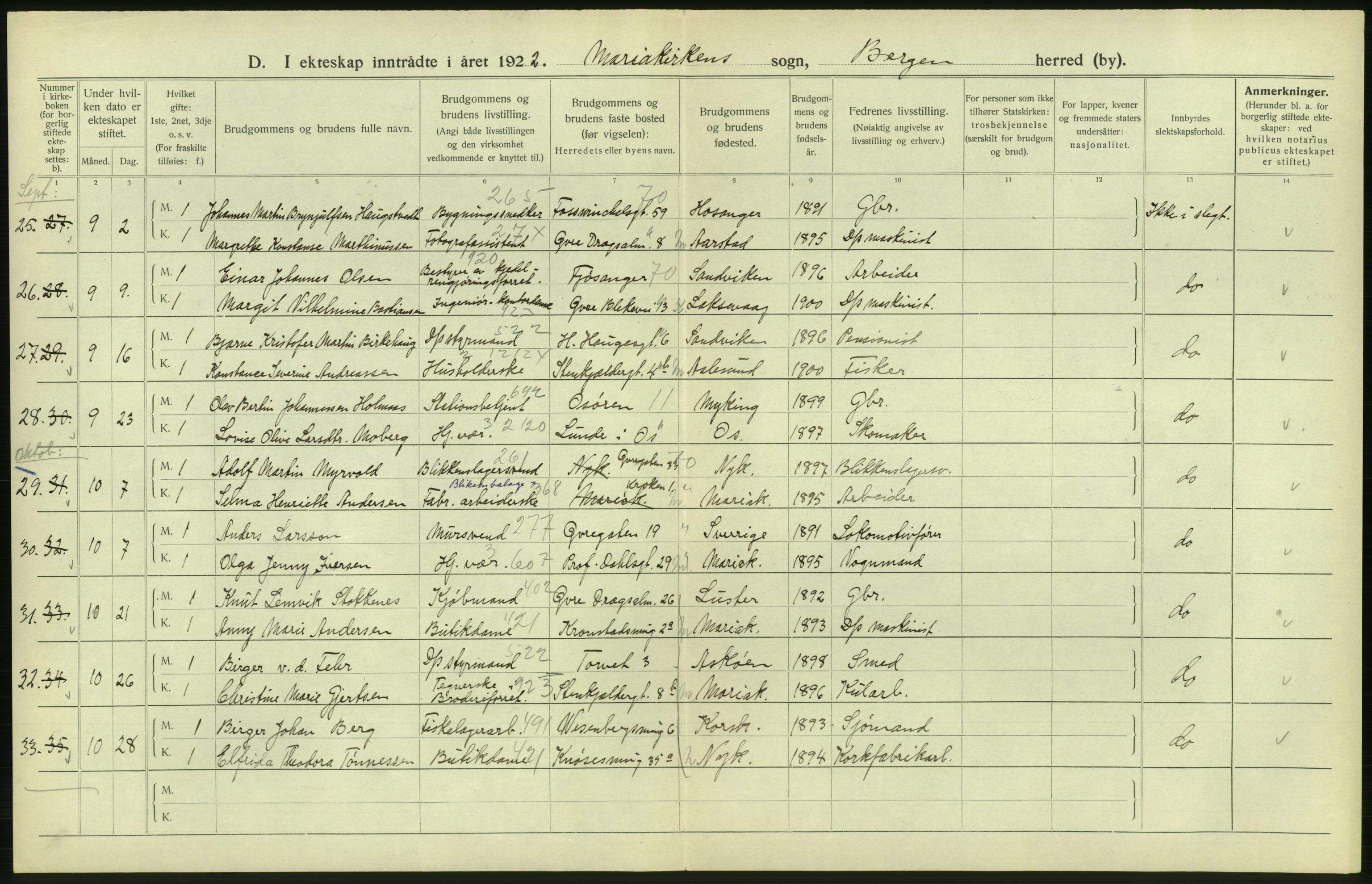 Statistisk sentralbyrå, Sosiodemografiske emner, Befolkning, AV/RA-S-2228/D/Df/Dfc/Dfcb/L0030: Bergen: Gifte, døde, dødfødte., 1922, s. 74