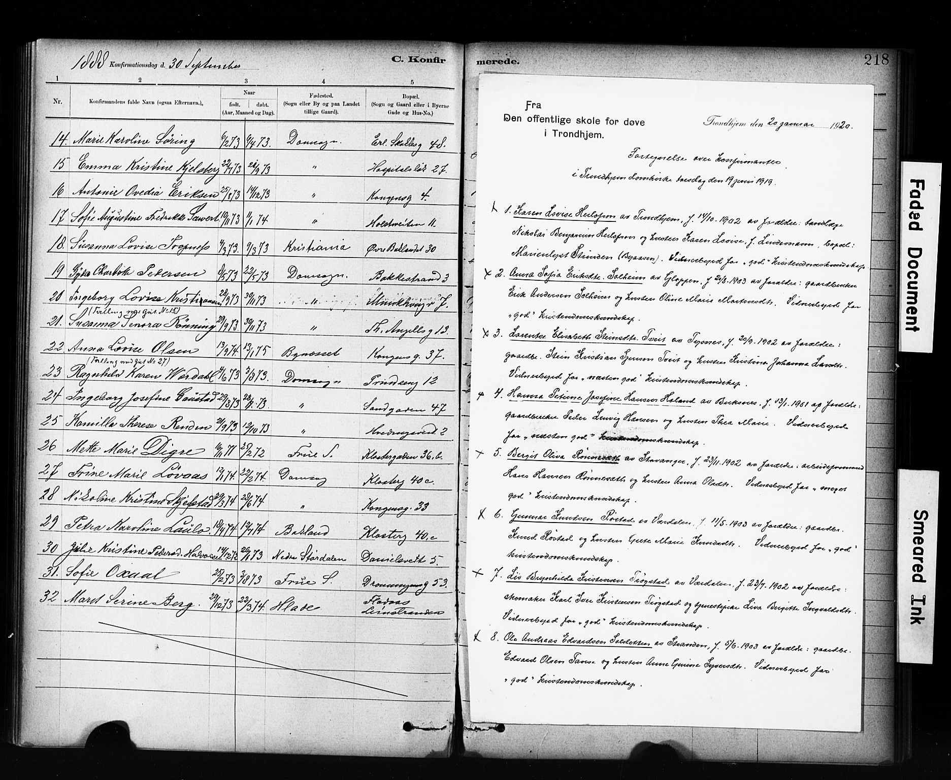 Ministerialprotokoller, klokkerbøker og fødselsregistre - Sør-Trøndelag, SAT/A-1456/601/L0071: Residerende kapellans bok nr. 601B04, 1882-1931, s. 218