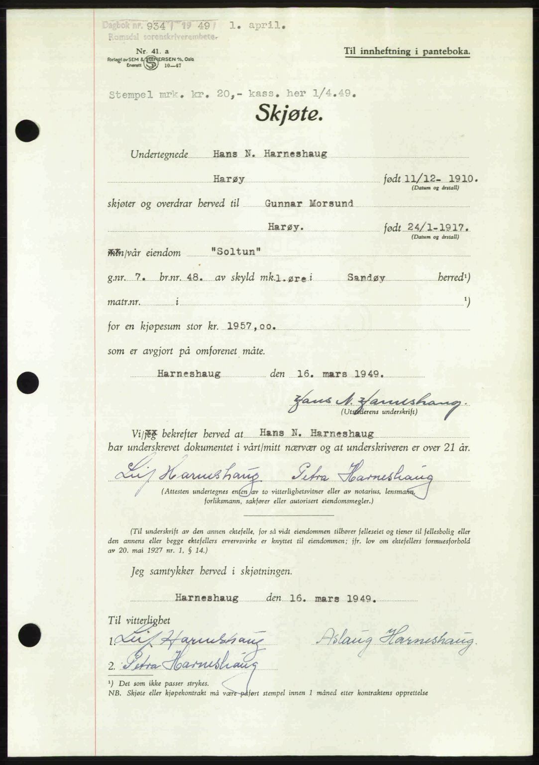 Romsdal sorenskriveri, AV/SAT-A-4149/1/2/2C: Pantebok nr. A29, 1949-1949, Dagboknr: 934/1949