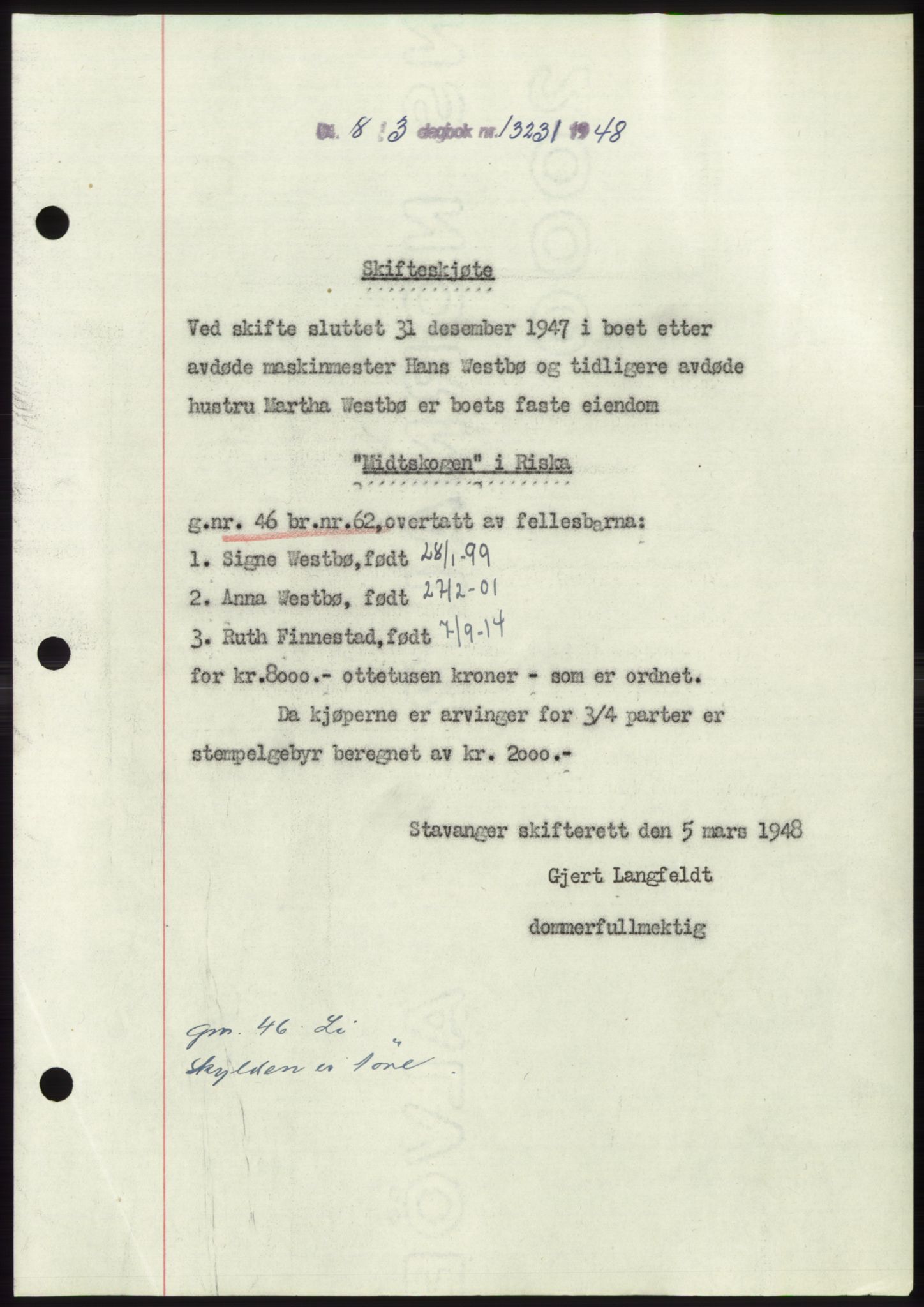 Jæren sorenskriveri, SAST/A-100310/03/G/Gba/L0098: Pantebok, 1948-1948, Dagboknr: 1323/1948