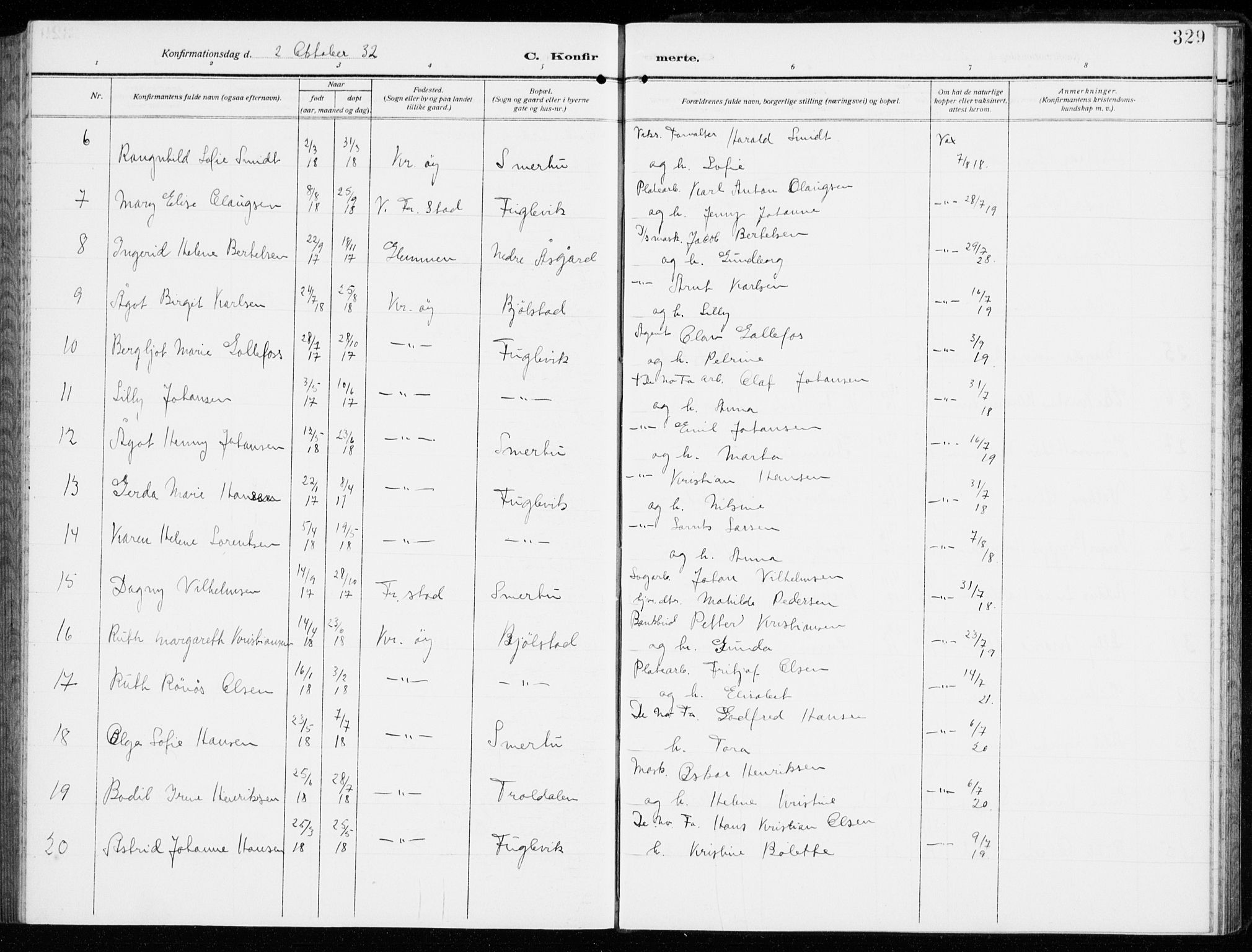 Kråkerøy prestekontor Kirkebøker, AV/SAO-A-10912/G/Ga/L0001: Klokkerbok nr. 1, 1908-1944, s. 329