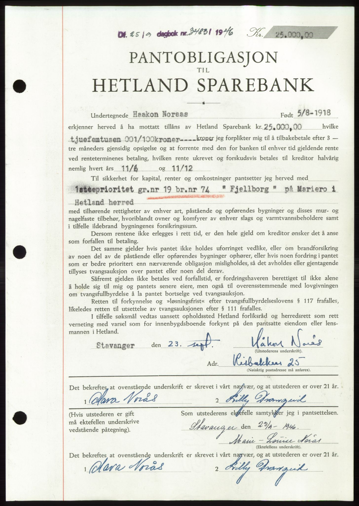Jæren sorenskriveri, SAST/A-100310/03/G/Gba/L0091: Pantebok, 1946-1946, Dagboknr: 3483/1946