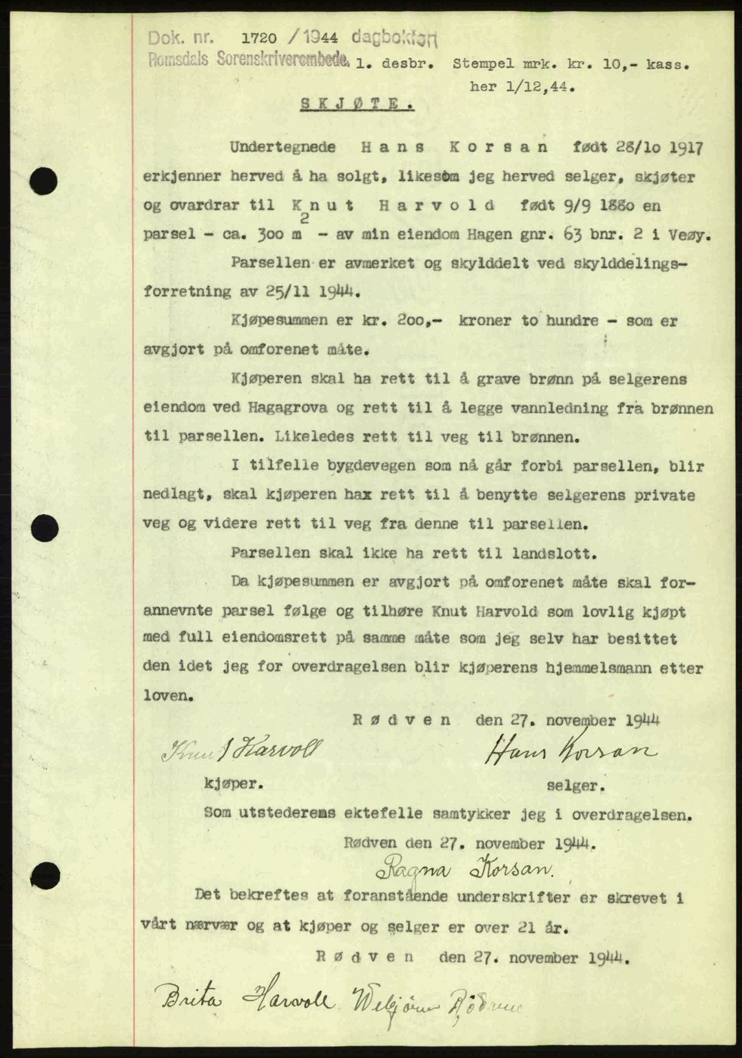 Romsdal sorenskriveri, SAT/A-4149/1/2/2C: Pantebok nr. A17, 1944-1945, Dagboknr: 1720/1944