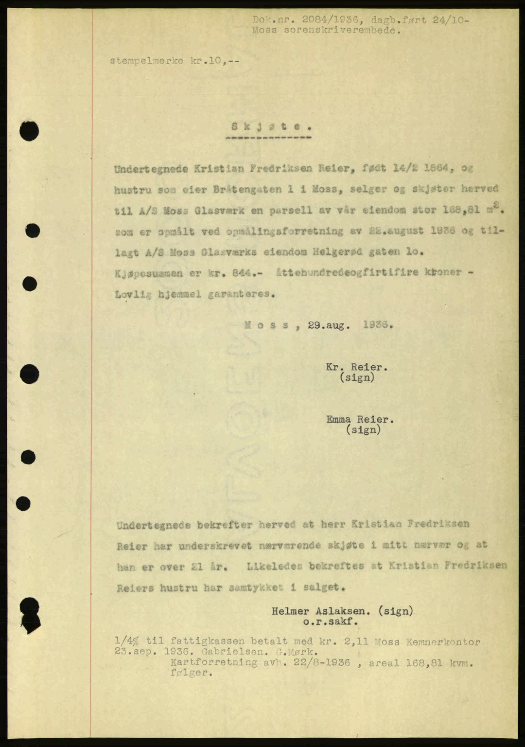 Moss sorenskriveri, SAO/A-10168: Pantebok nr. A2, 1936-1937, Dagboknr: 2084/1936