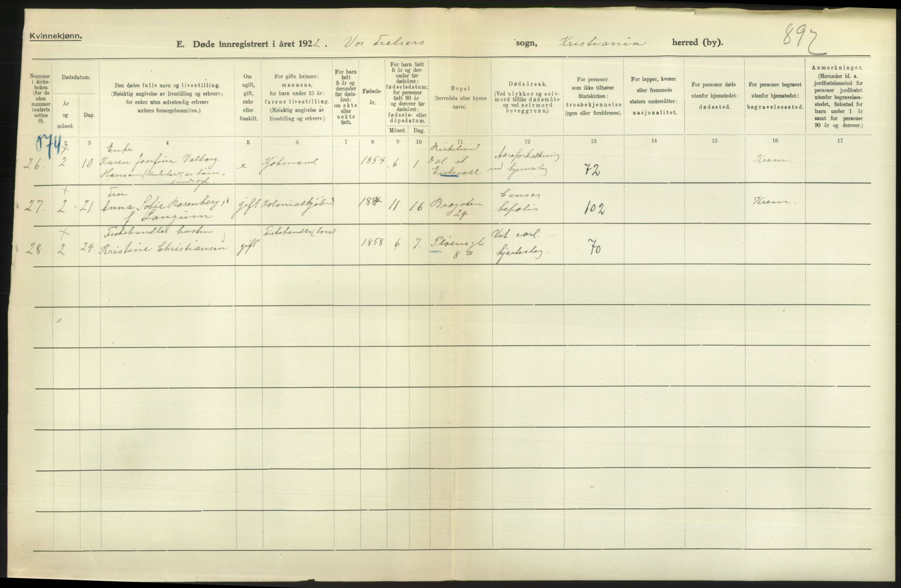 Statistisk sentralbyrå, Sosiodemografiske emner, Befolkning, AV/RA-S-2228/D/Df/Dfc/Dfcb/L0009: Kristiania: Døde, 1922, s. 8