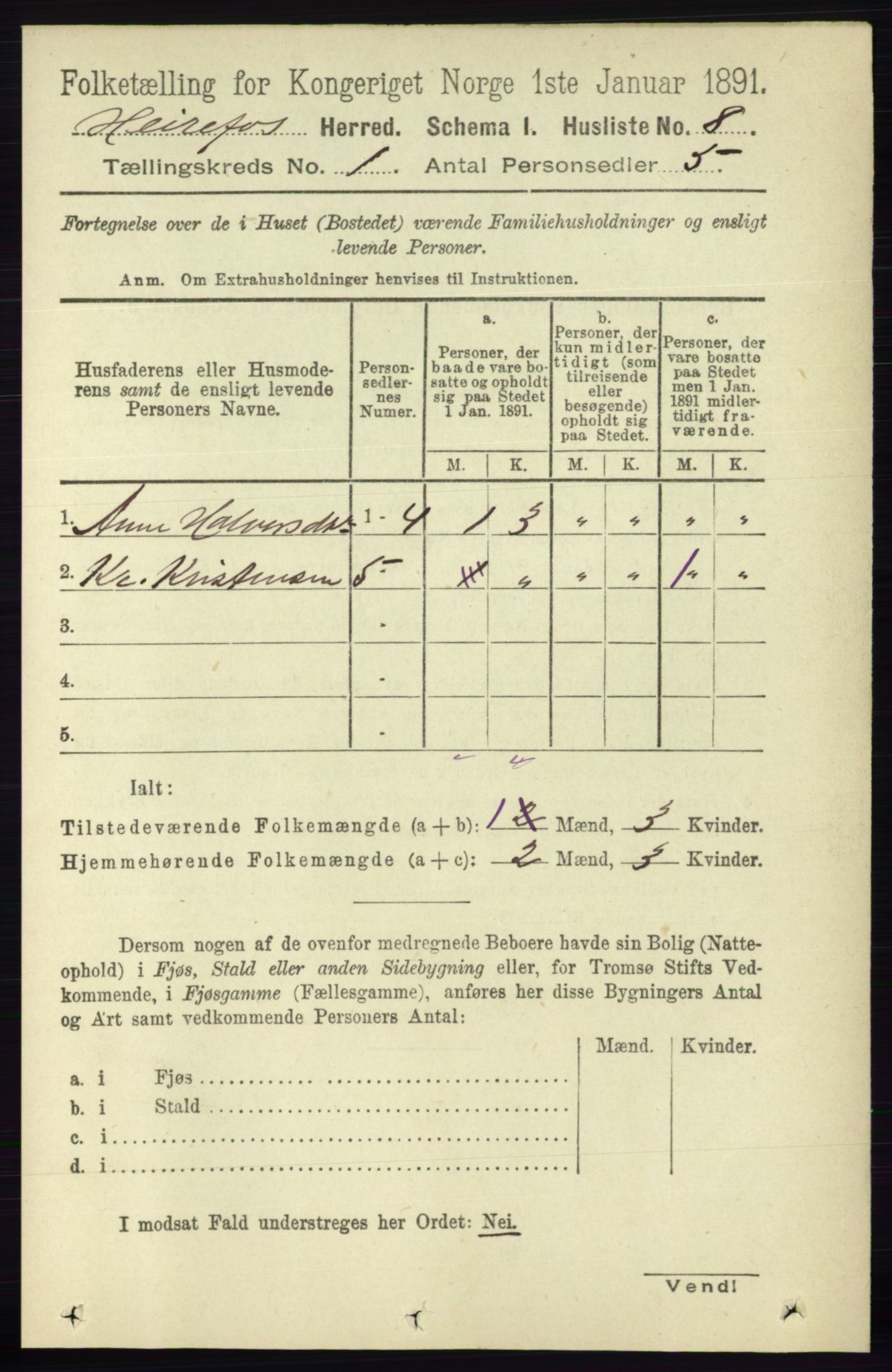 RA, Folketelling 1891 for 0933 Herefoss herred, 1891, s. 20