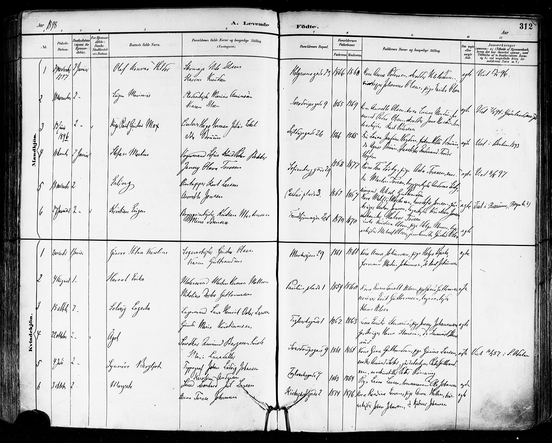 Paulus prestekontor Kirkebøker, AV/SAO-A-10871/F/Fa/L0014: Ministerialbok nr. 14, 1894-1902, s. 312