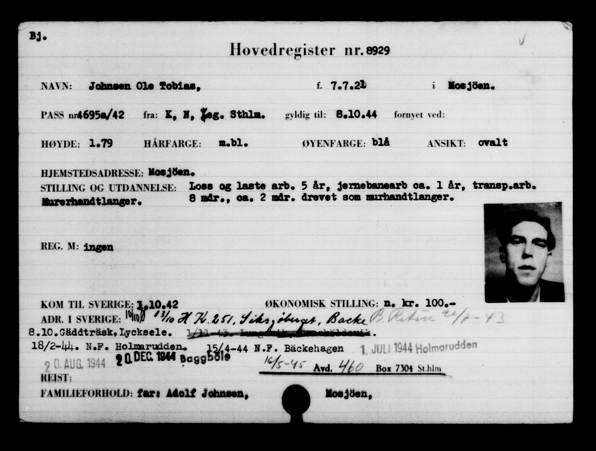 Utenriksstasjonene, Legasjonen i Stockholm, Flyktningkontoret, AV/RA-S-6753/V/Va/L0005: Kjesäterkartoteket, flyktninger med registreringsnr. 6600-9417, 1940-1945, s. 2735