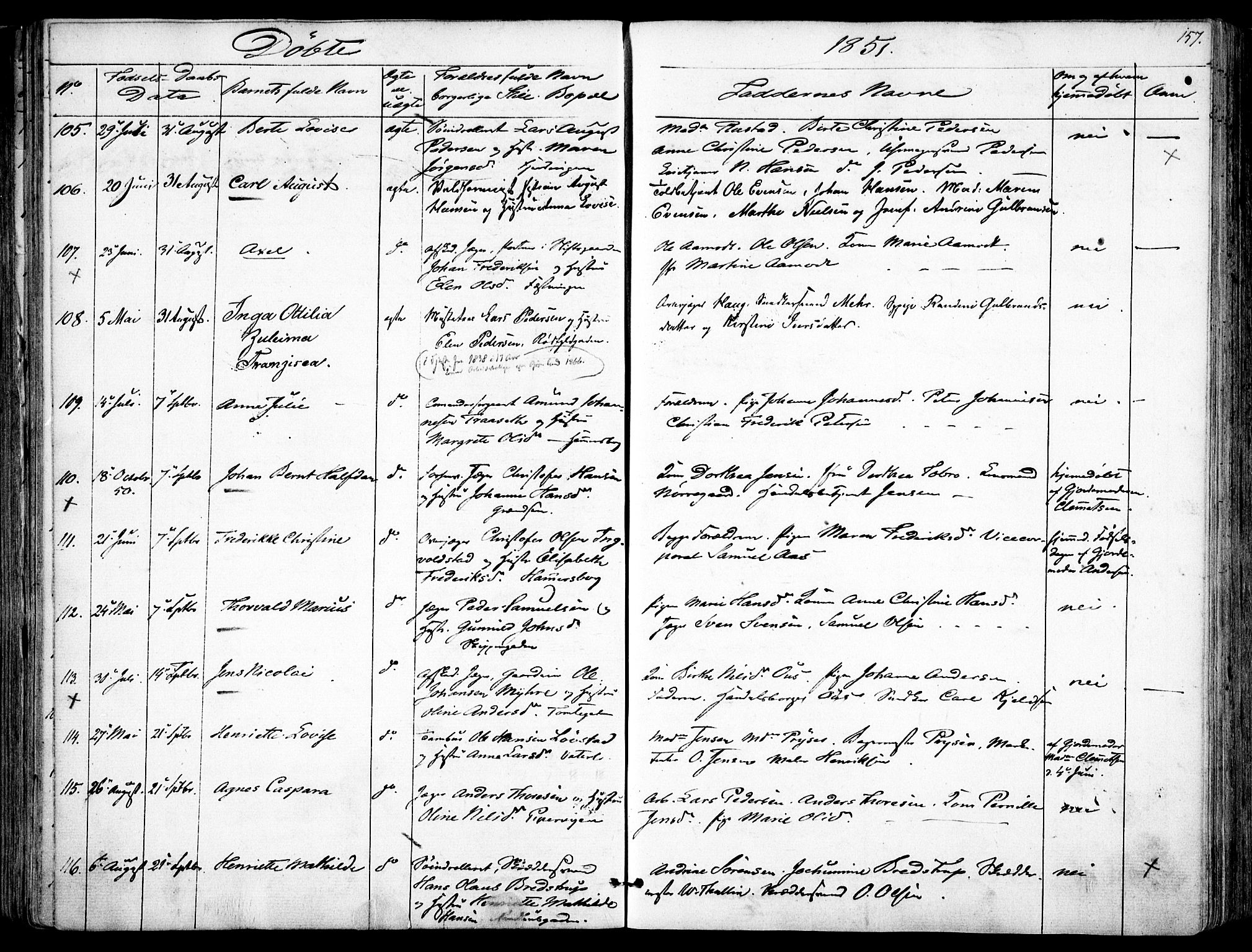 Garnisonsmenigheten Kirkebøker, AV/SAO-A-10846/F/Fa/L0008: Ministerialbok nr. 8, 1842-1859, s. 157