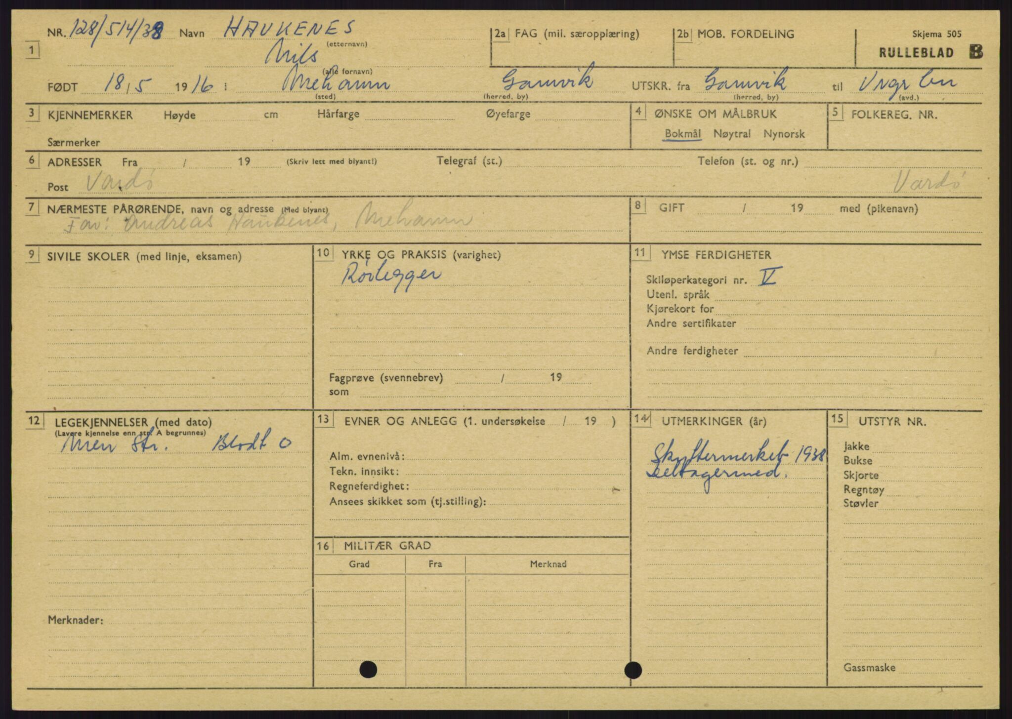 Forsvaret, Varanger bataljon, AV/RA-RAFA-2258/1/D/L0445: Rulleblad for menige født 1915-1916, 1915-1916, s. 367