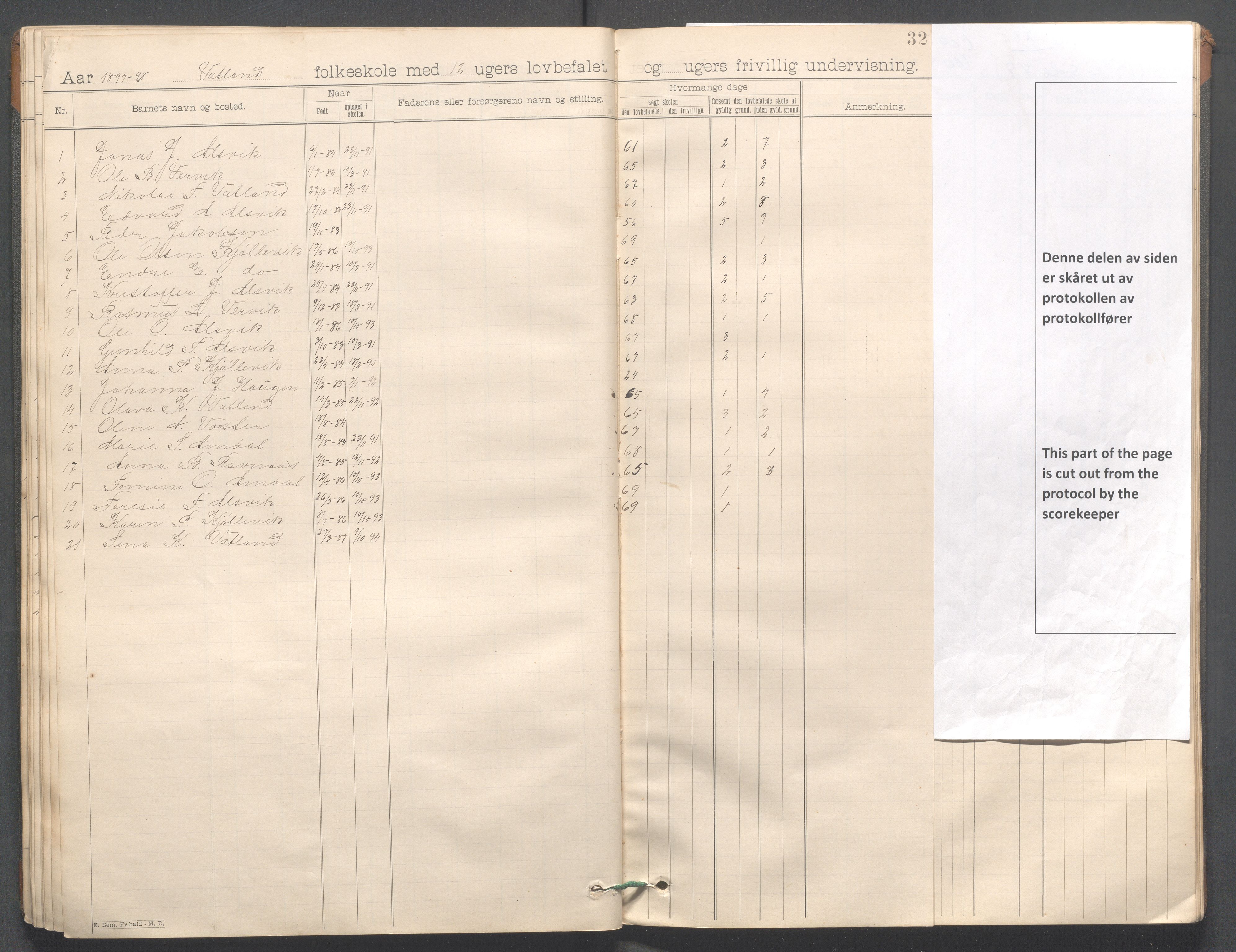 Strand kommune - Vatland skole, IKAR/A-161/H/L0001: Skoleprotokoll for Vatland, Helle, Heng , 1892-1901, s. 32