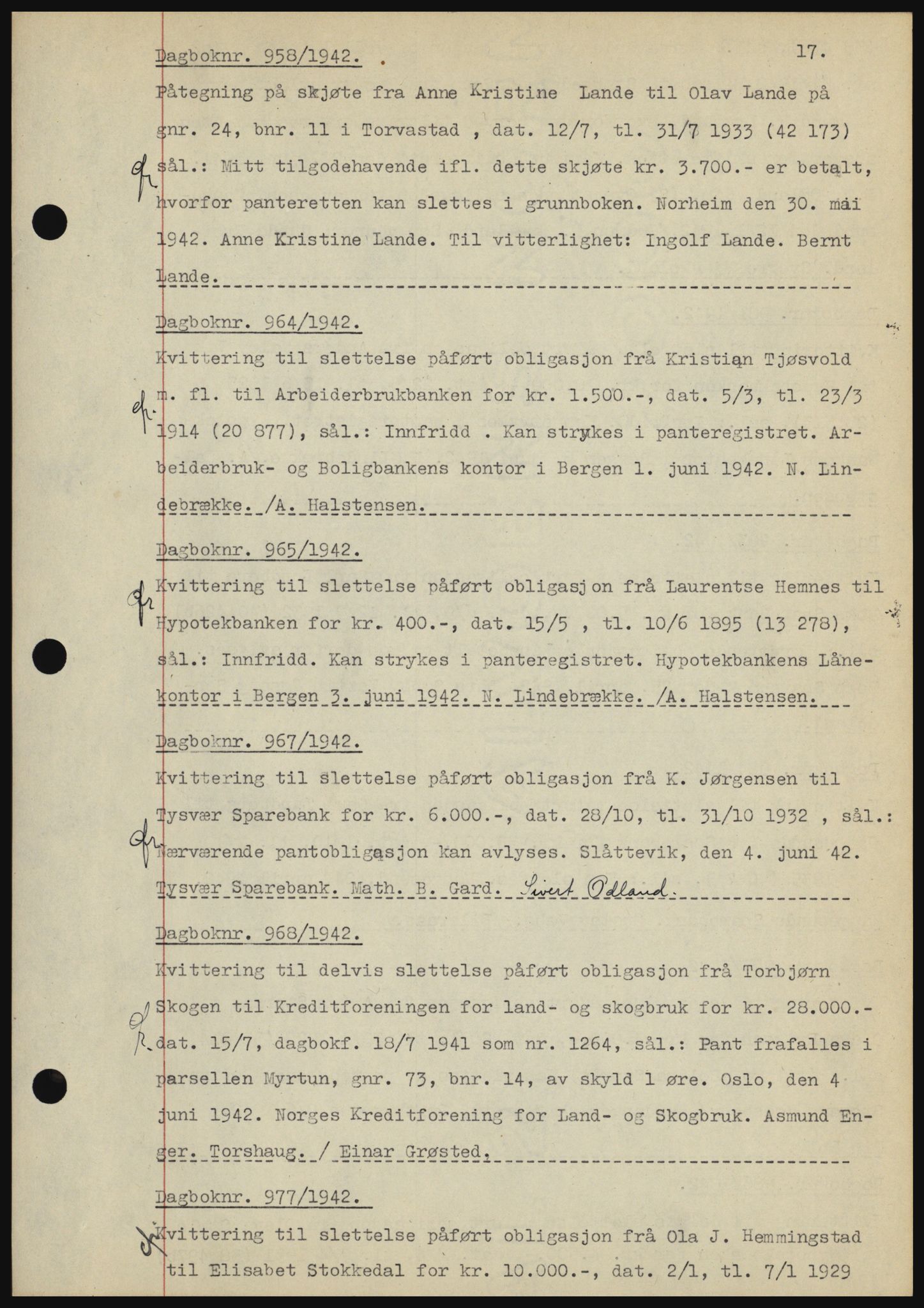 Karmsund sorenskriveri, SAST/A-100311/01/II/IIBBE/L0008: Pantebok nr. B 54, 1942-1943, Dagboknr: 958/1942