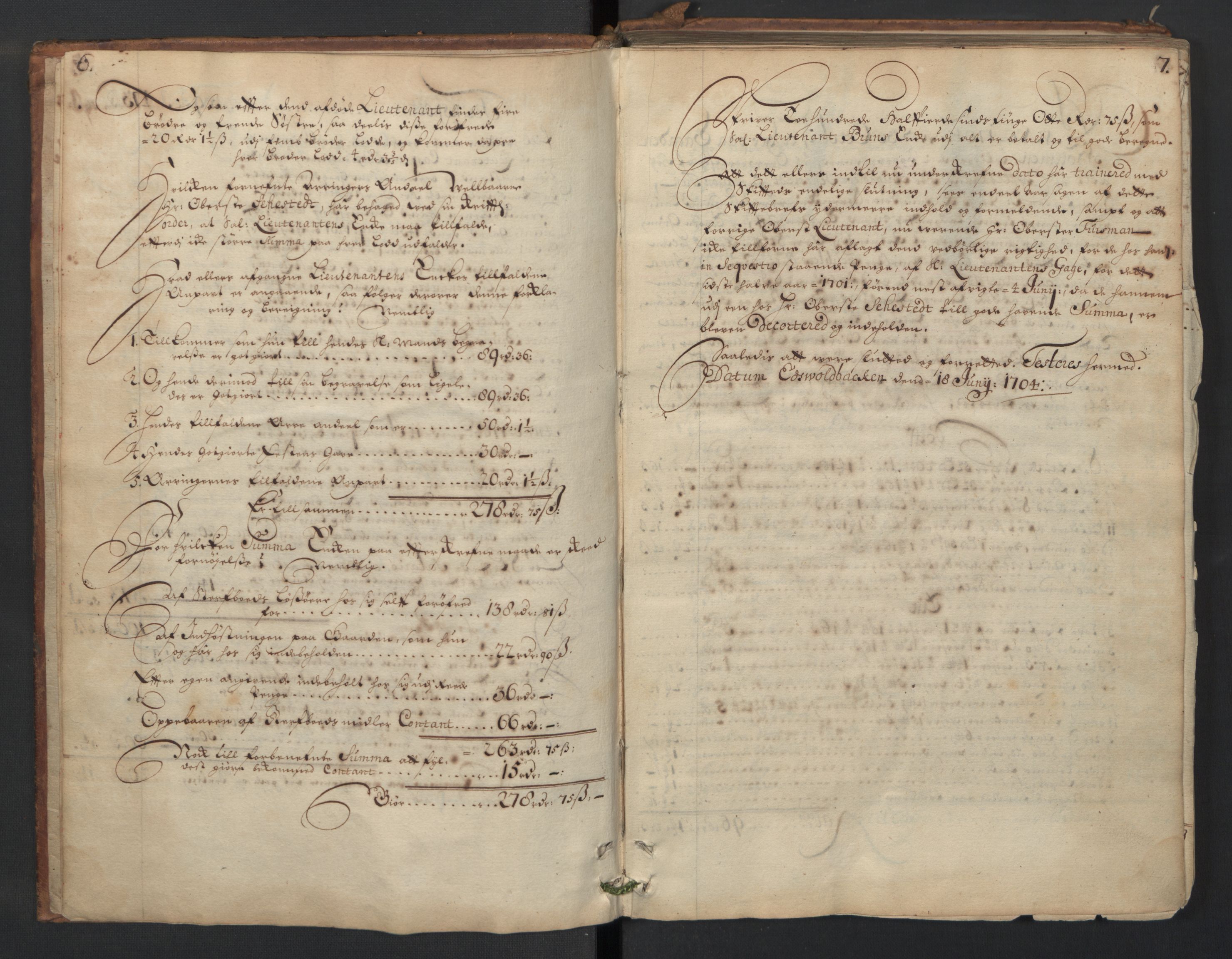Forsvaret, Generalauditøren, AV/RA-RAFA-1772/F/Fj/Fjc/L0005: Skifteprotokol for 1ste søndenfjeldske dragonregiment, 1703-1736, s. 6-7