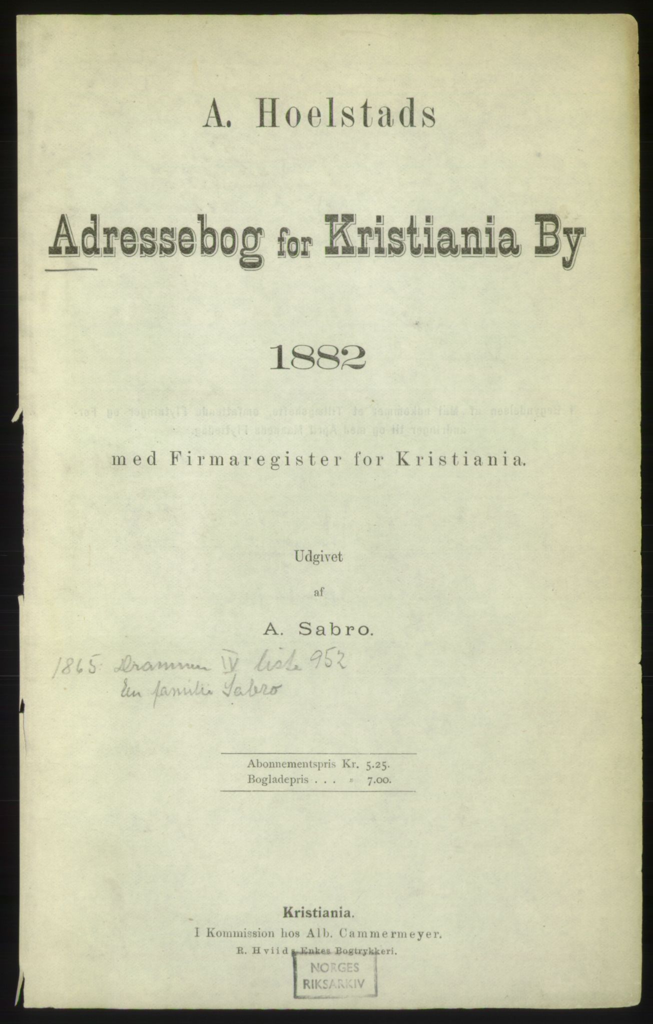 Kristiania/Oslo adressebok, PUBL/-, 1882