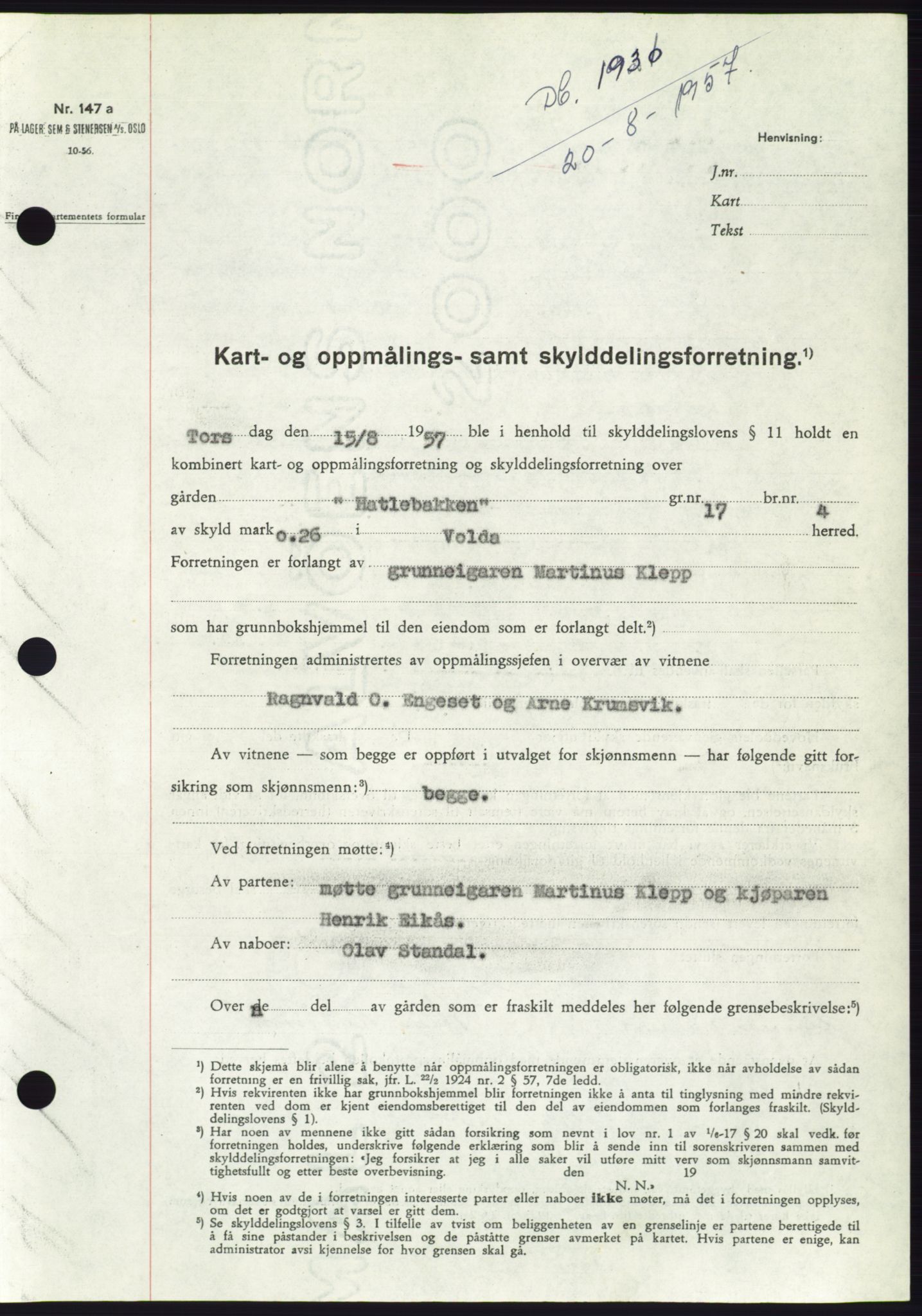 Søre Sunnmøre sorenskriveri, SAT/A-4122/1/2/2C/L0107: Pantebok nr. 33A, 1957-1957, Dagboknr: 1930/1957