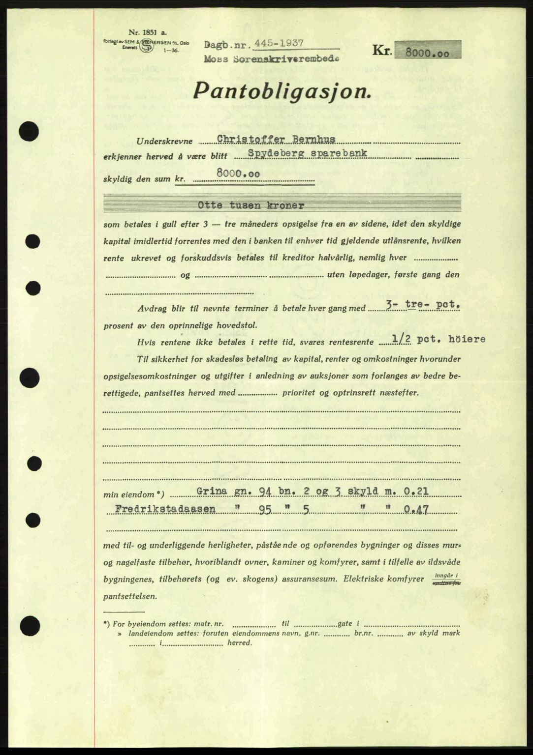 Moss sorenskriveri, SAO/A-10168: Pantebok nr. B3, 1937-1937, Dagboknr: 445/1937