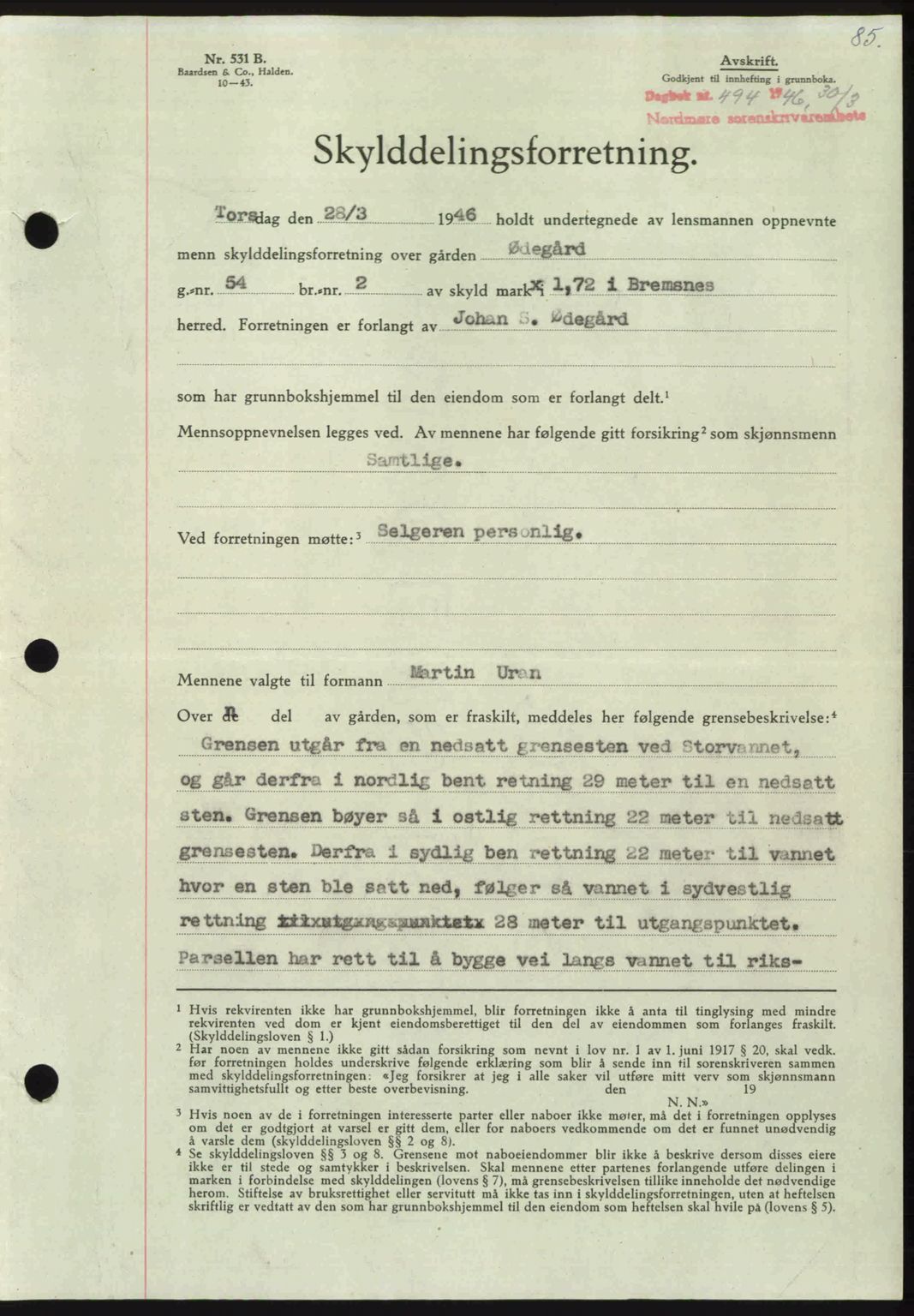 Nordmøre sorenskriveri, AV/SAT-A-4132/1/2/2Ca: Pantebok nr. A101, 1946-1946, Dagboknr: 494/1946