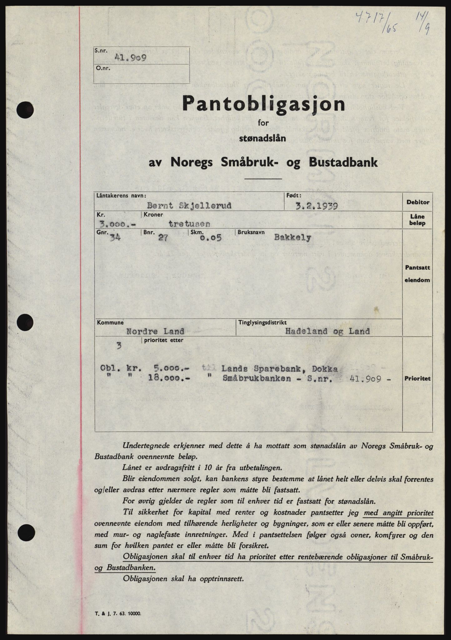 Hadeland og Land tingrett, SAH/TING-010/H/Hb/Hbc/L0060: Pantebok nr. B60, 1965-1965, Dagboknr: 4717/1965