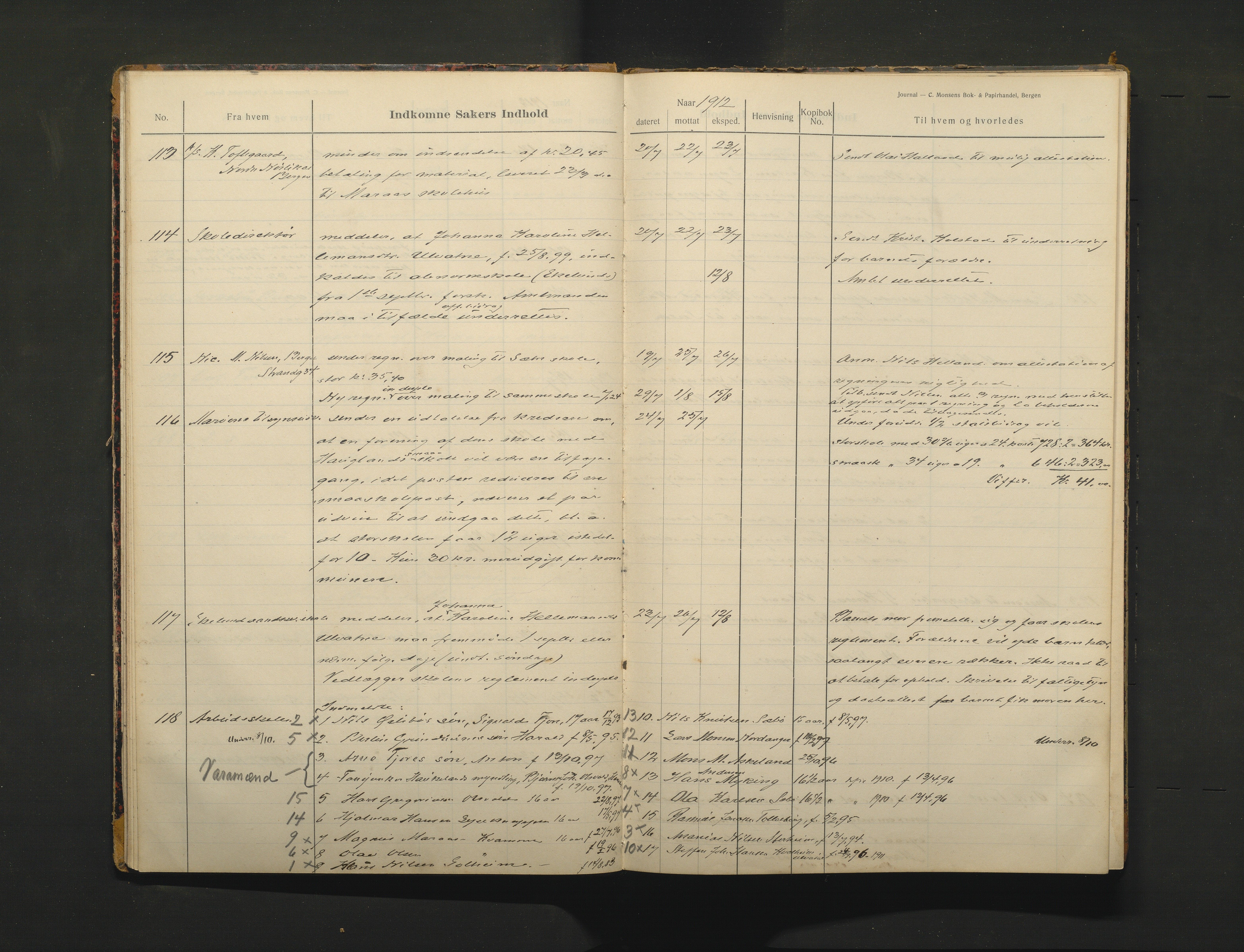 Manger kommune. Skulestyret, IKAH/1261-211/C/Ca/L0003: Journal for Manger skulestyre , 1912-1915