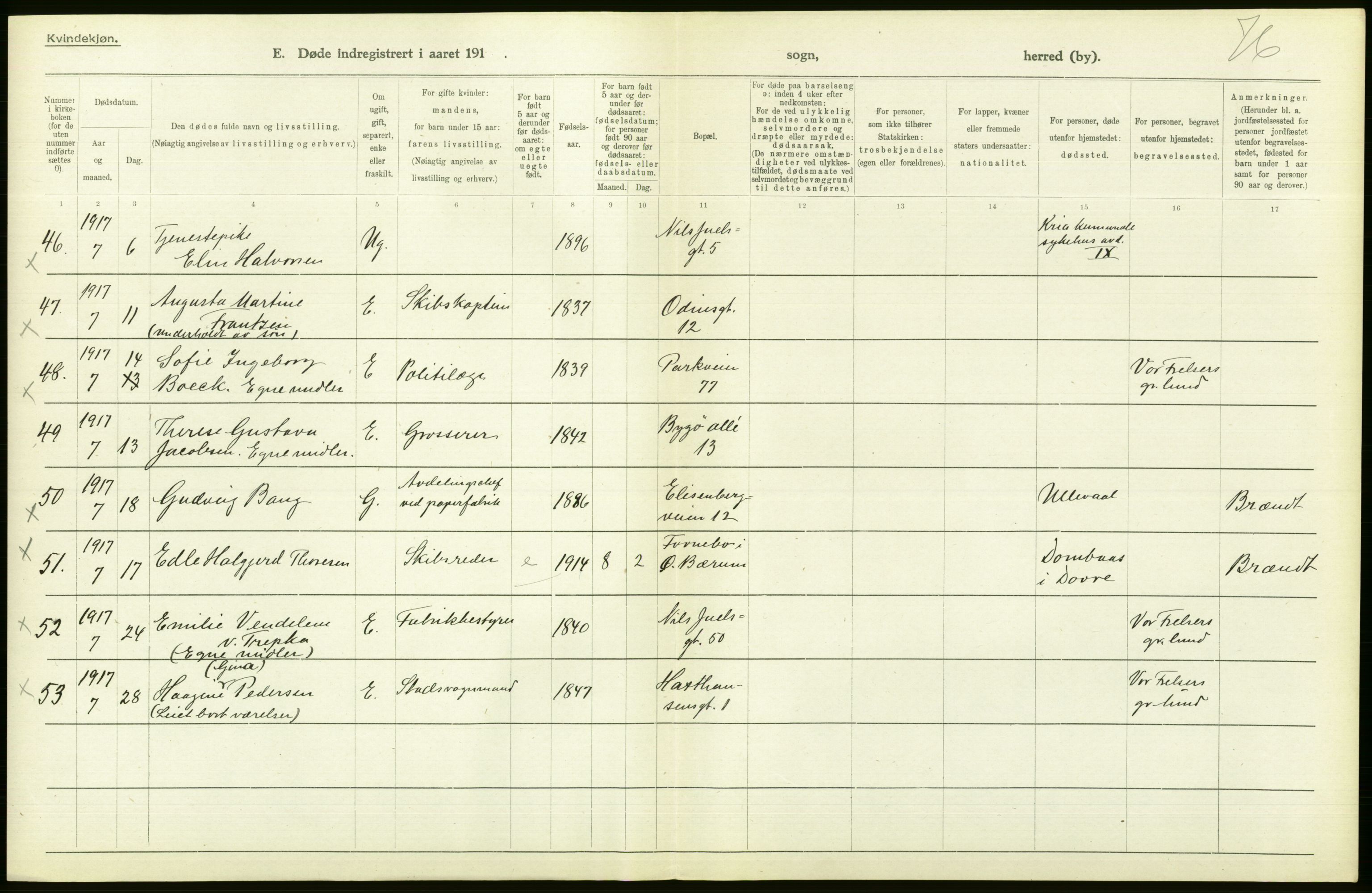 Statistisk sentralbyrå, Sosiodemografiske emner, Befolkning, AV/RA-S-2228/D/Df/Dfb/Dfbg/L0010: Kristiania: Døde, 1917, s. 308