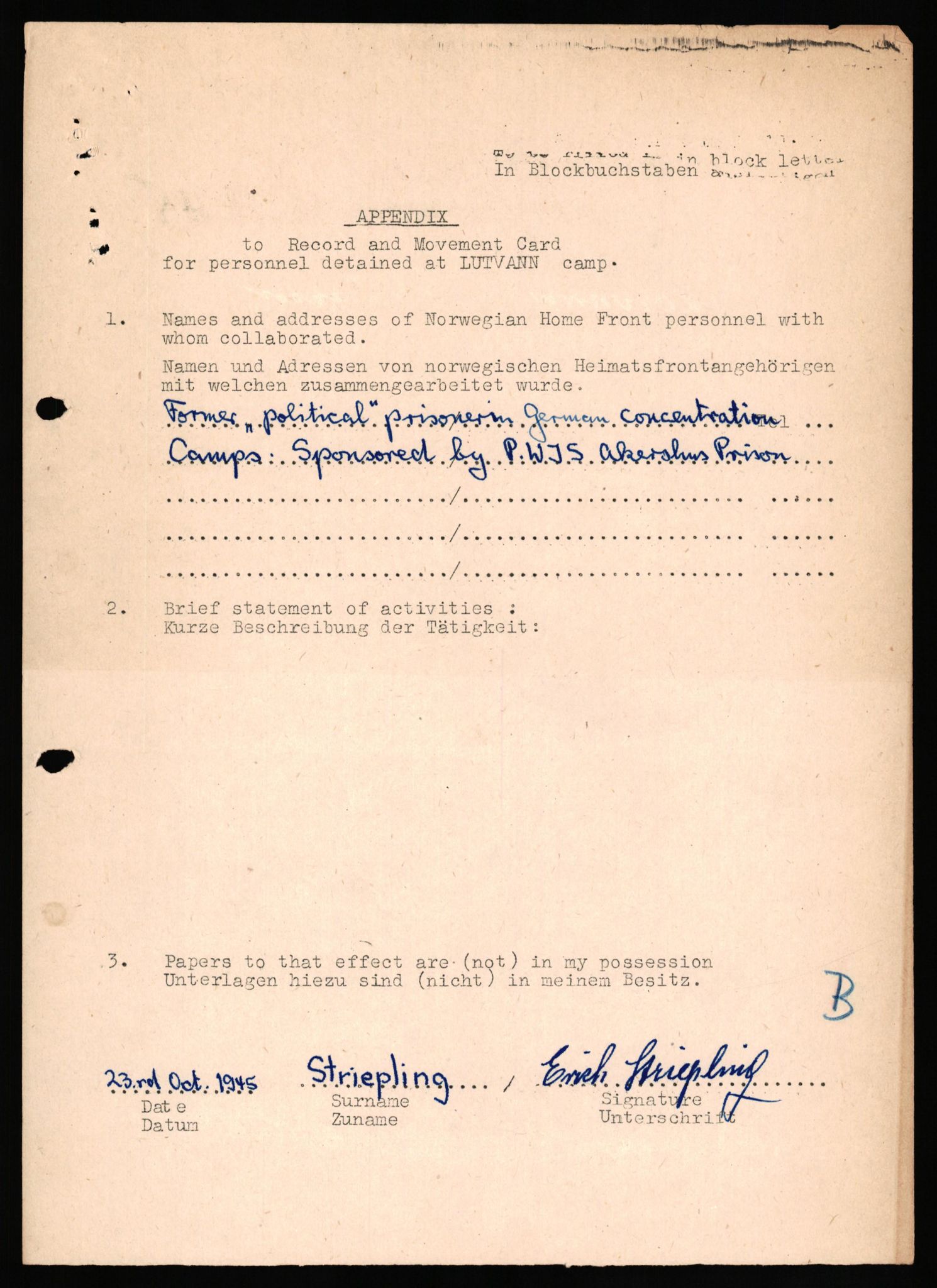 Forsvaret, Forsvarets overkommando II, RA/RAFA-3915/D/Db/L0033: CI Questionaires. Tyske okkupasjonsstyrker i Norge. Tyskere., 1945-1946, s. 250