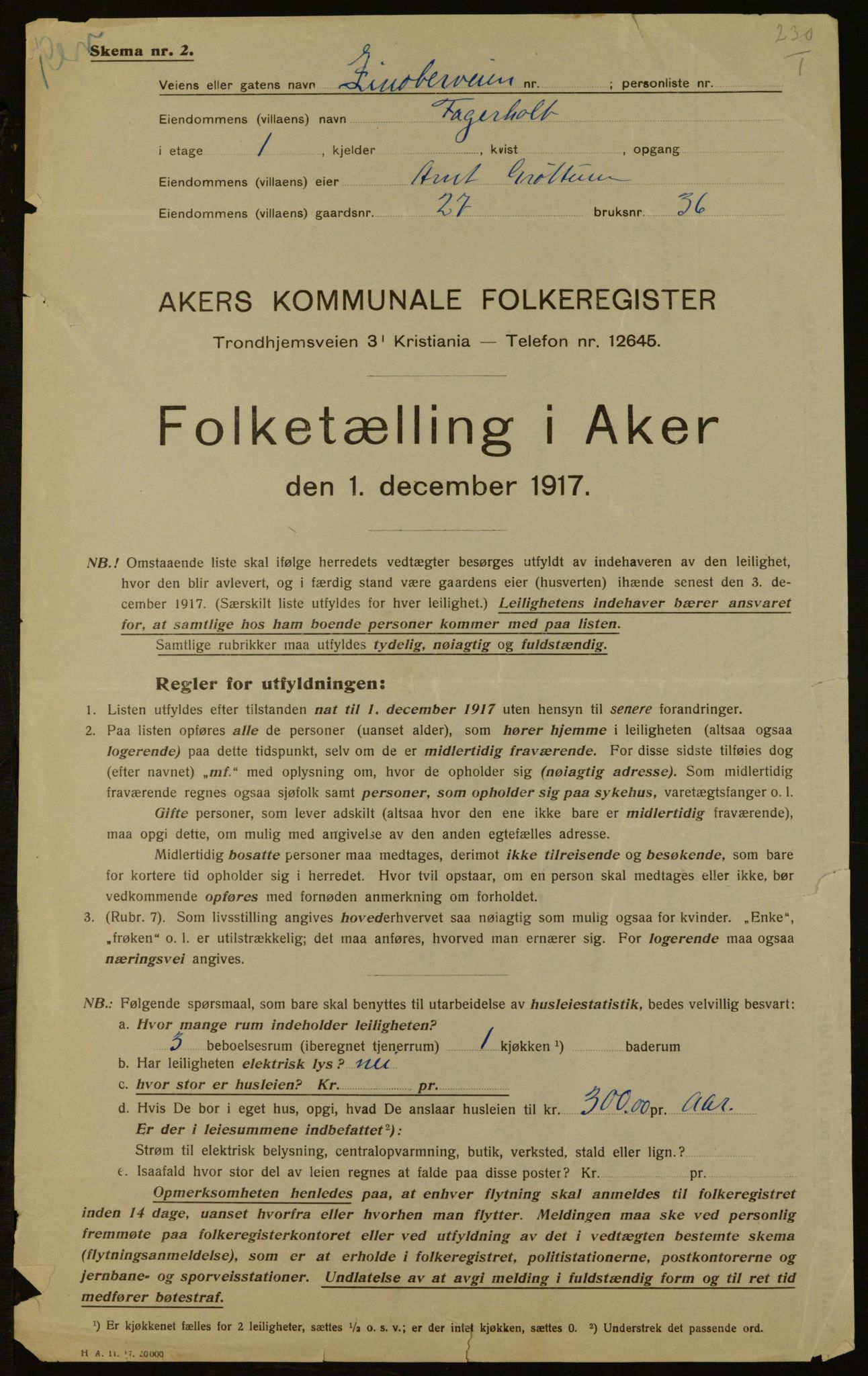 OBA, Kommunal folketelling 1.12.1917 for Aker, 1917, s. 1300