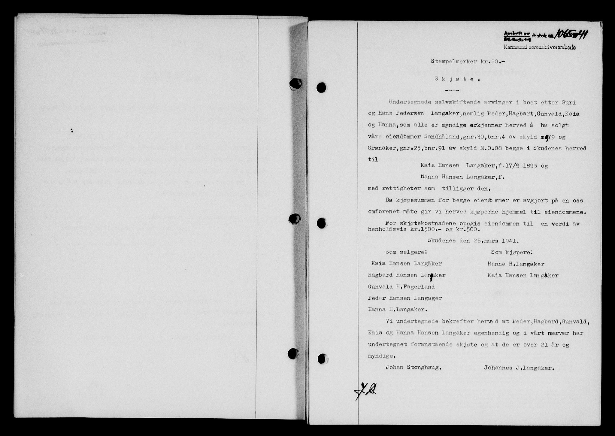 Karmsund sorenskriveri, SAST/A-100311/01/II/IIB/L0075: Pantebok nr. 56A, 1941-1941, Dagboknr: 1065/1941