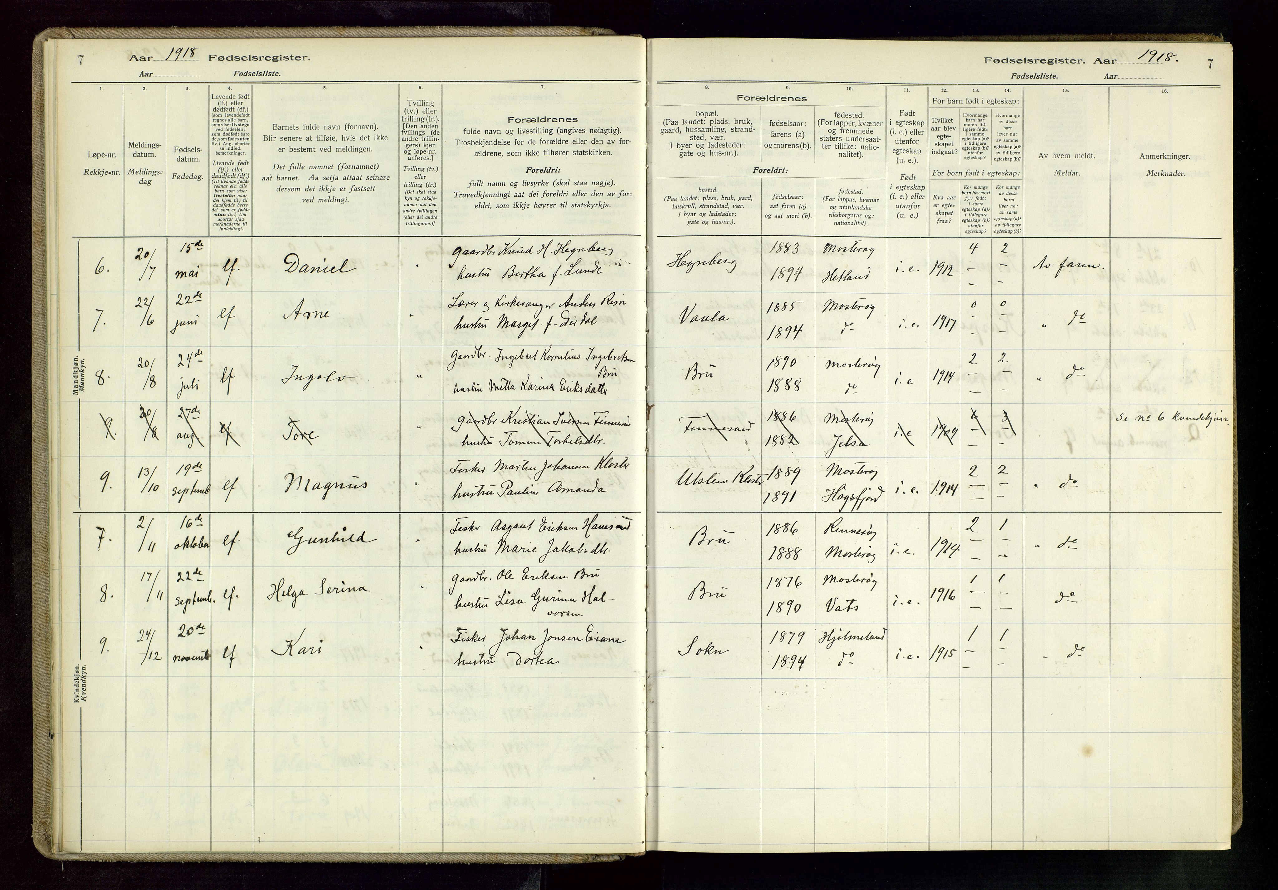 Rennesøy sokneprestkontor, AV/SAST-A -101827/I/Id/L0002: Fødselsregister nr. 2, 1916-1982, s. 7