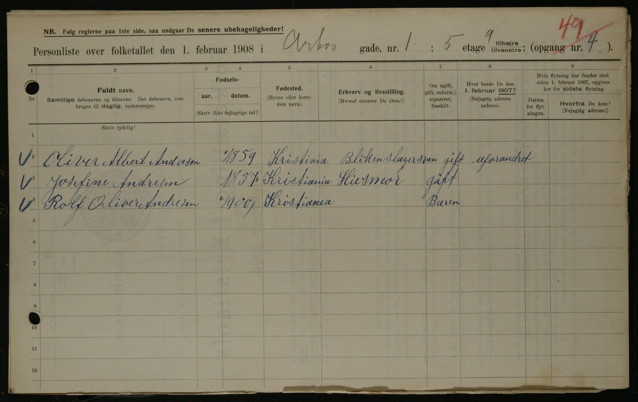 OBA, Kommunal folketelling 1.2.1908 for Kristiania kjøpstad, 1908, s. 1994