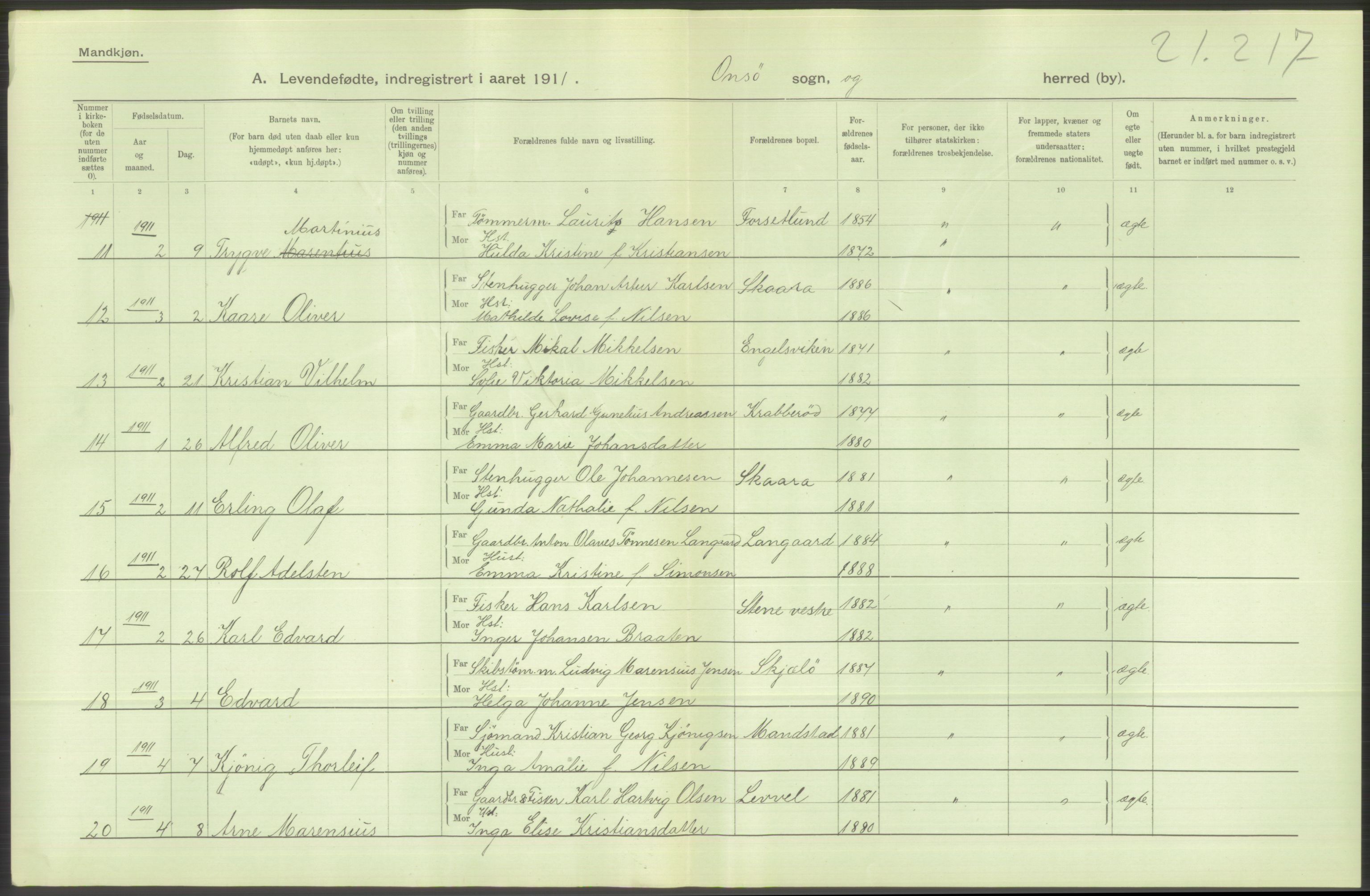 Statistisk sentralbyrå, Sosiodemografiske emner, Befolkning, AV/RA-S-2228/D/Df/Dfb/Dfba/L0001: Smålenenes amt: Levendefødte menn og kvinner. Bygder., 1911, s. 292
