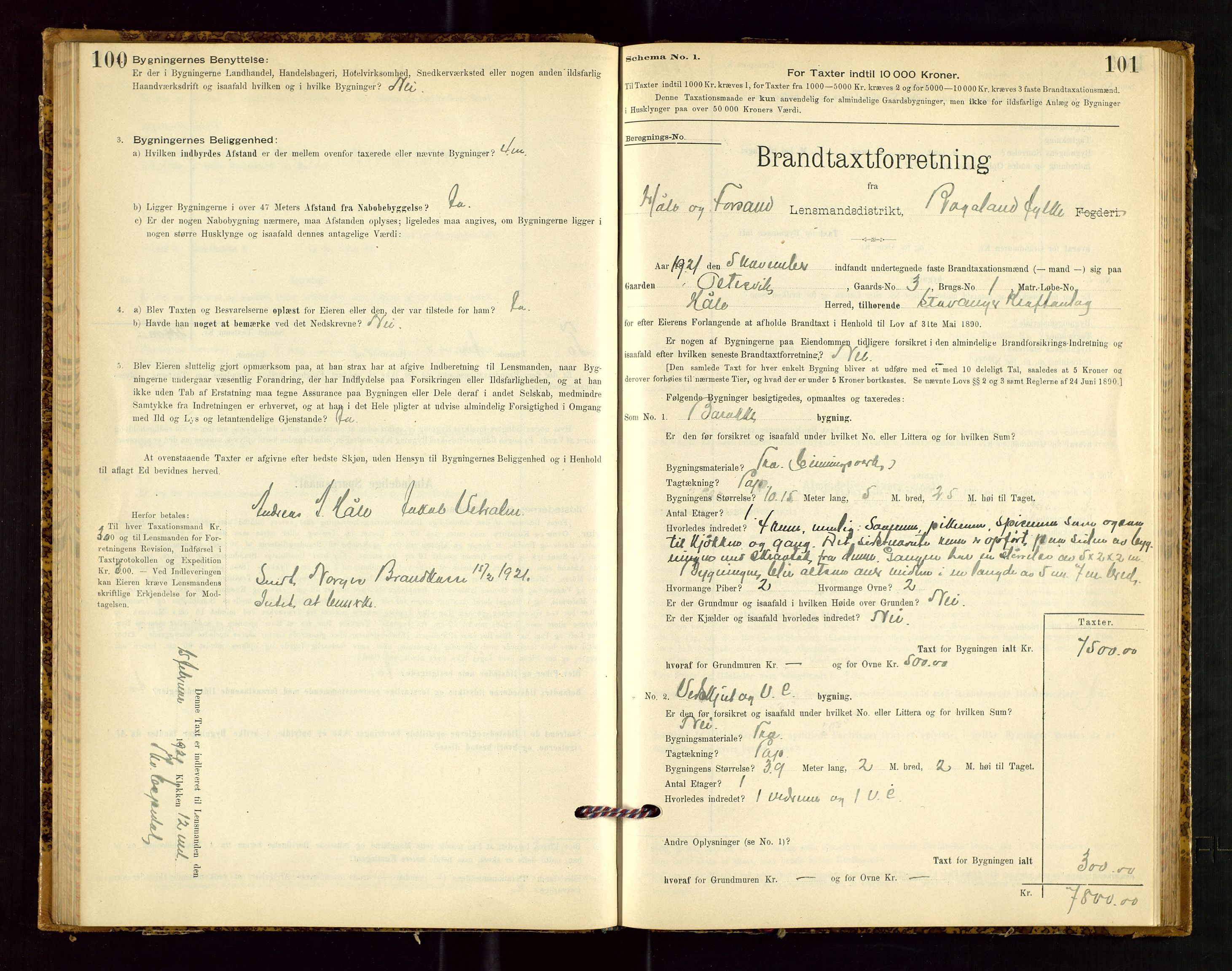 Høle og Forsand lensmannskontor, SAST/A-100127/Gob/L0001: "Brandtaxtprotokol" - skjematakst, 1897-1940, s. 100-101