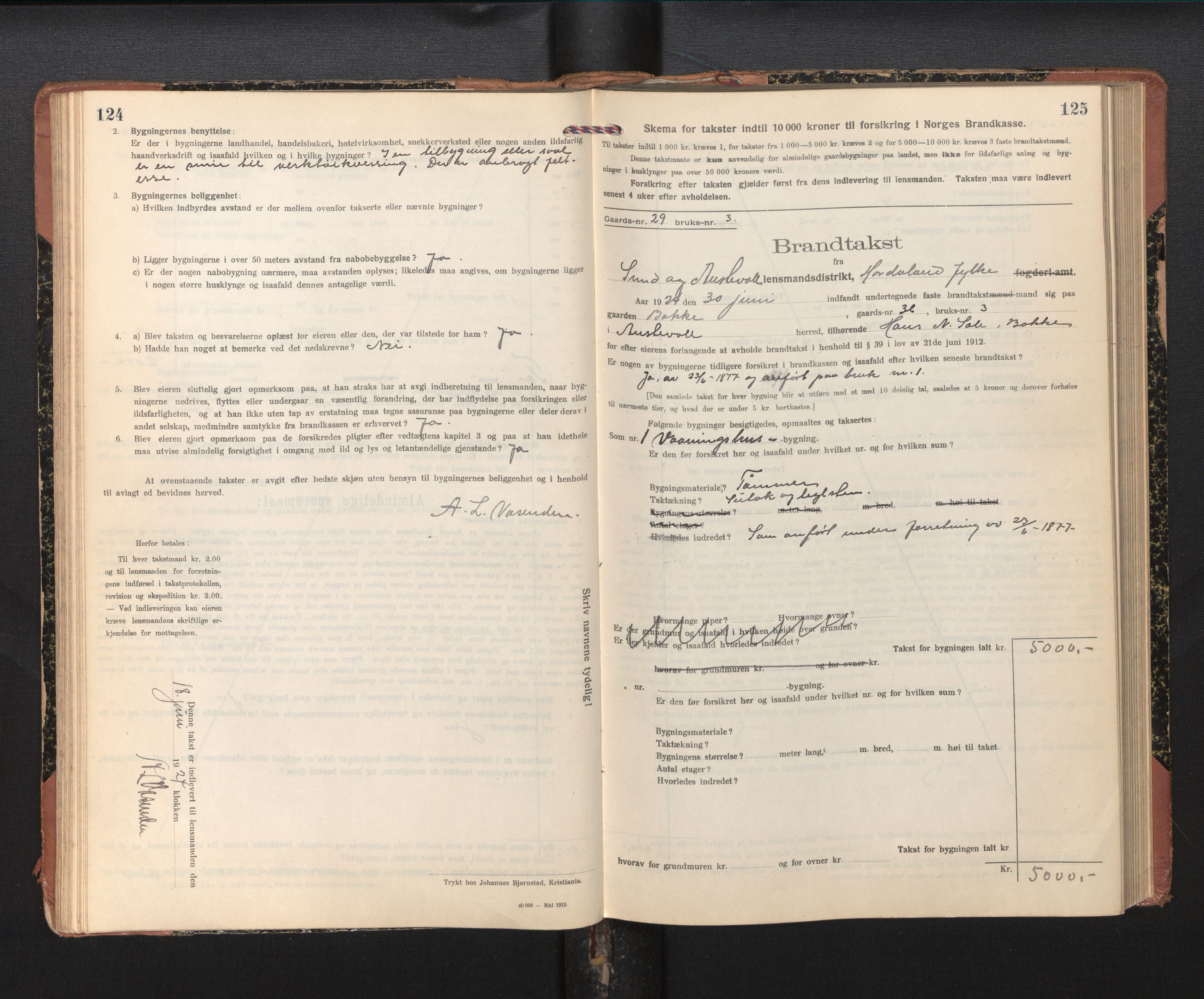 Lensmannen i Sund og Austevoll, SAB/A-35201/0012/L0004: Branntakstprotokoll, skjematakst, 1917-1949, s. 124-125