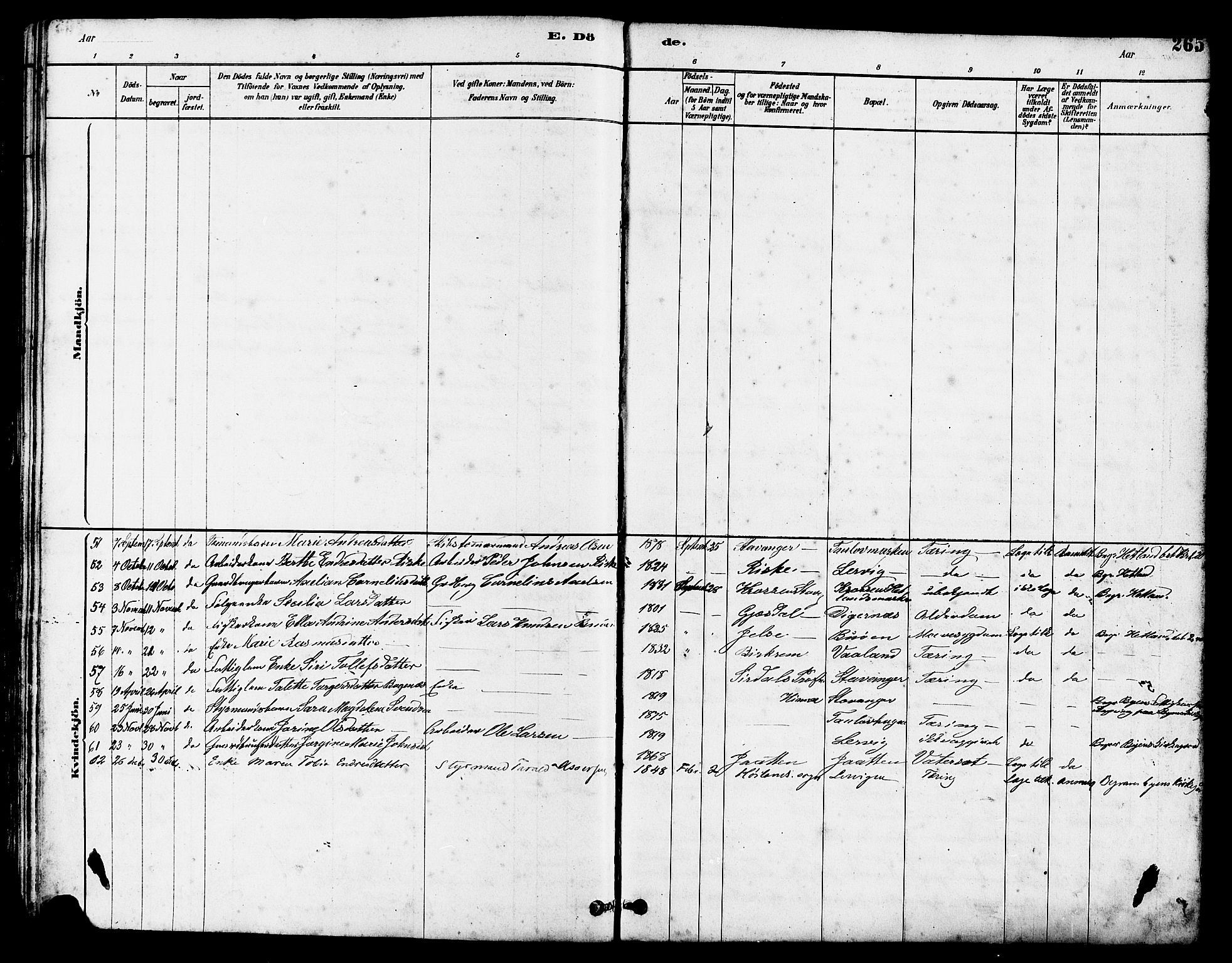 Hetland sokneprestkontor, AV/SAST-A-101826/30/30BB/L0005: Klokkerbok nr. B 5, 1878-1910, s. 265