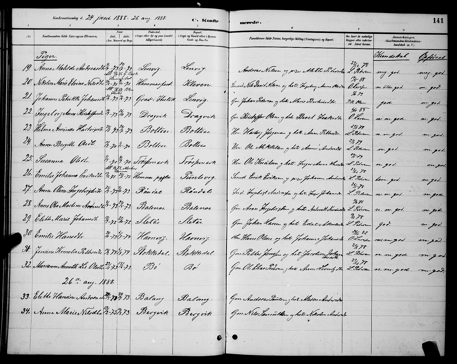 Ministerialprotokoller, klokkerbøker og fødselsregistre - Nordland, AV/SAT-A-1459/863/L0914: Klokkerbok nr. 863C04, 1886-1897, s. 141