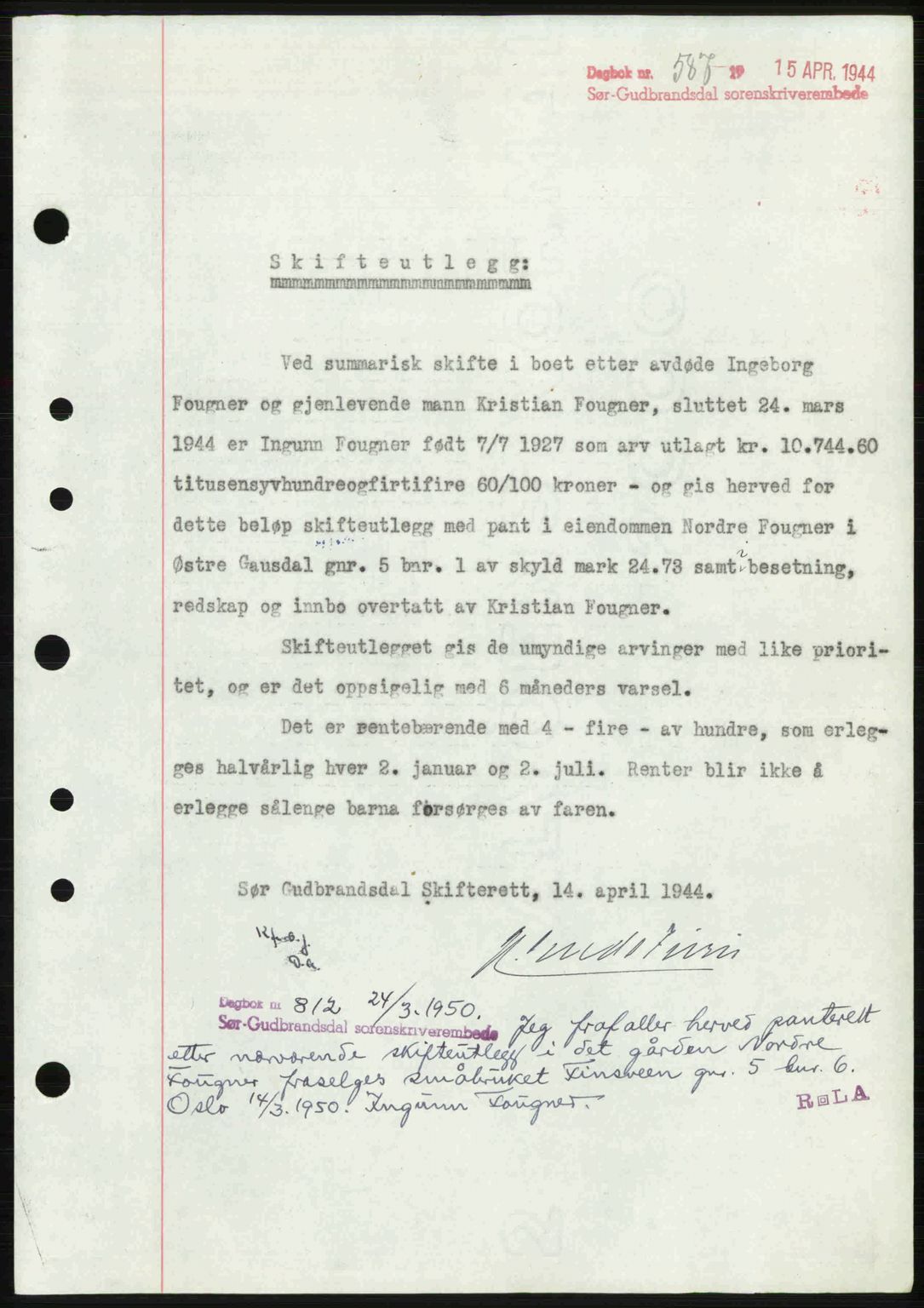 Sør-Gudbrandsdal tingrett, SAH/TING-004/H/Hb/Hbe/L0003: Pantebok nr. B3, 1943-1948, Dagboknr: 587/1944