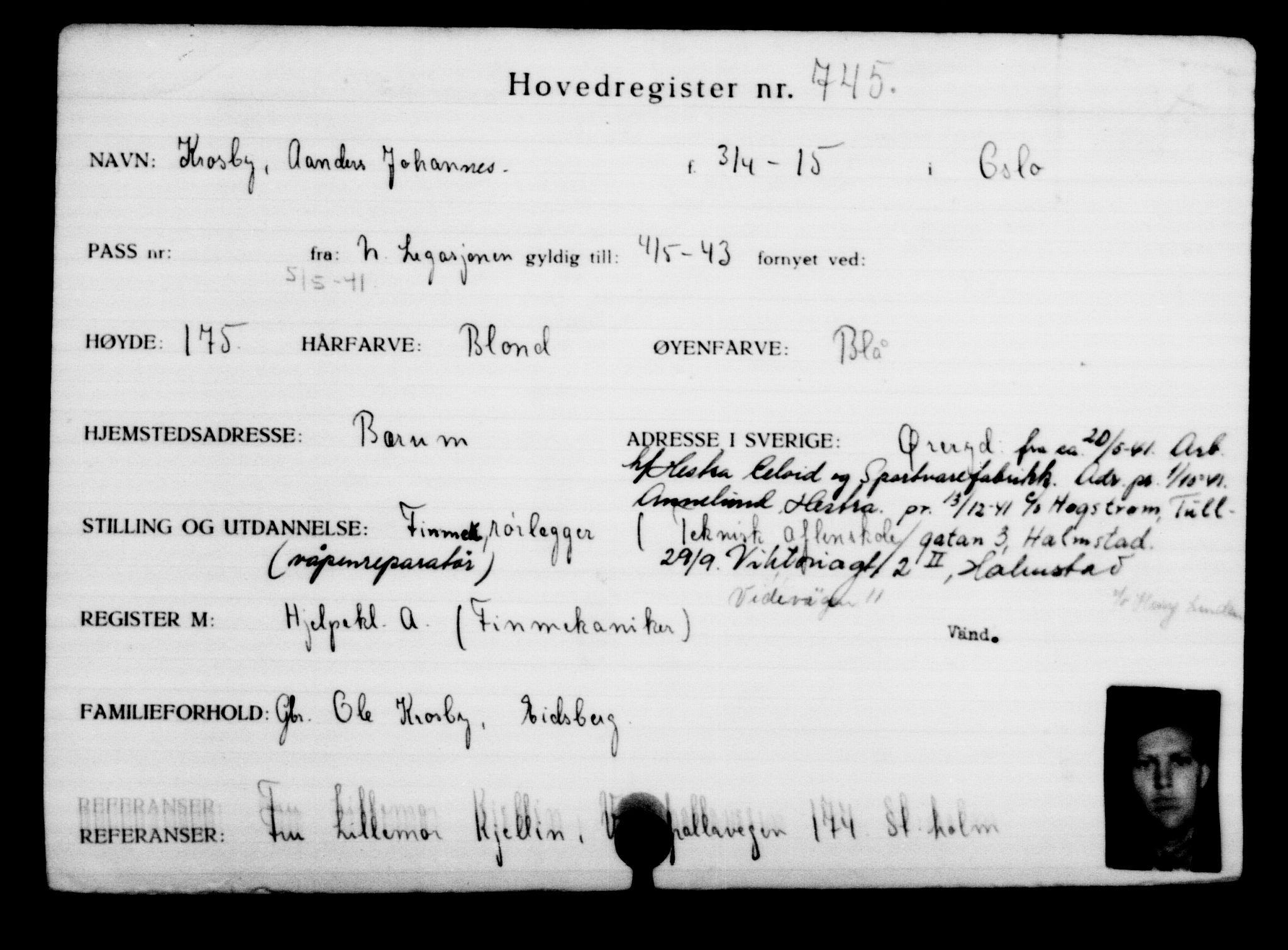 Utenriksstasjonene, Legasjonen i Stockholm, Flyktningkontoret, AV/RA-S-6753/V/Va/L0001: Kjesäterkartoteket, flyktninger med registreringsnr. 1-1000, 1940-1945, s. 1173