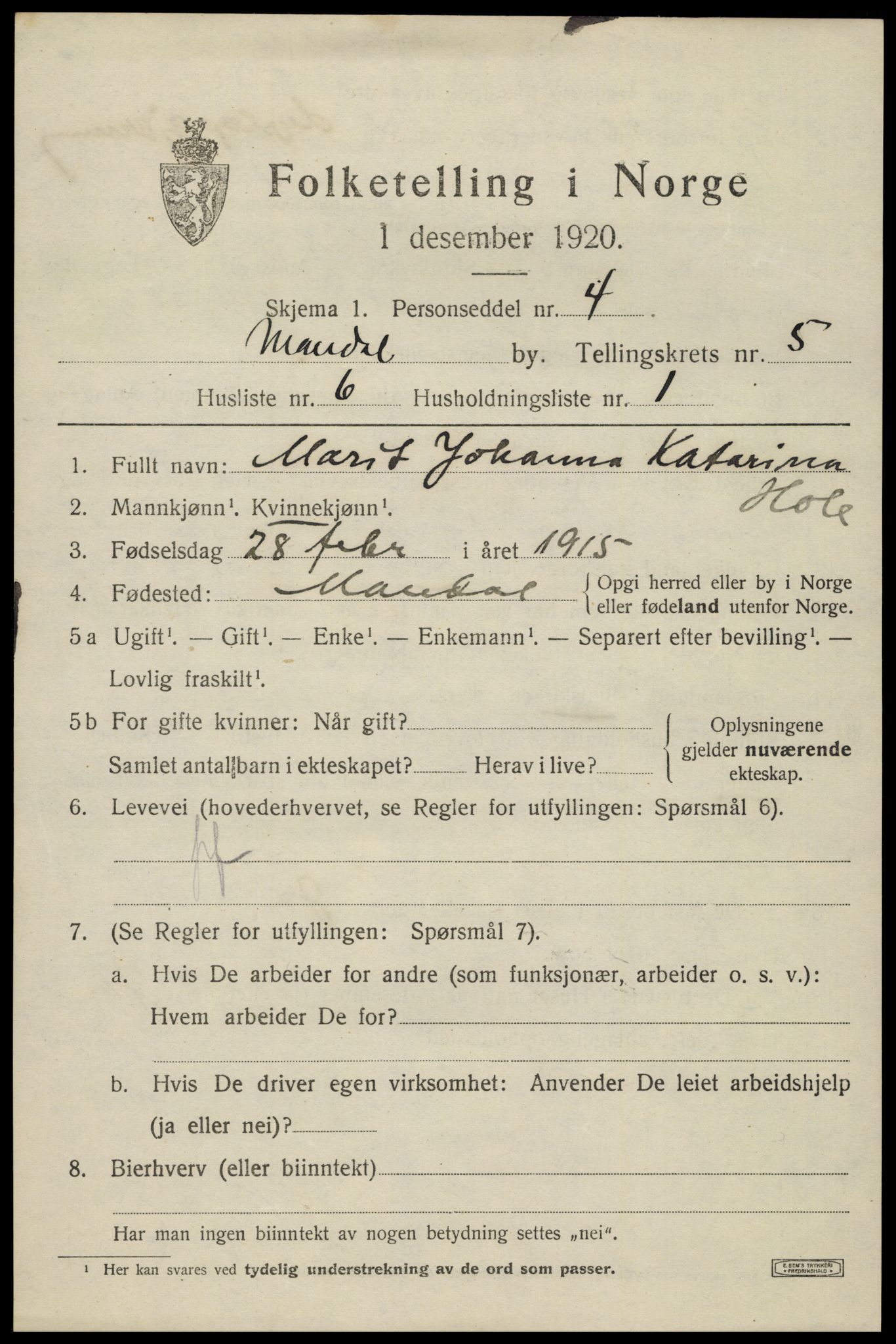 SAK, Folketelling 1920 for 1002 Mandal ladested, 1920, s. 8259