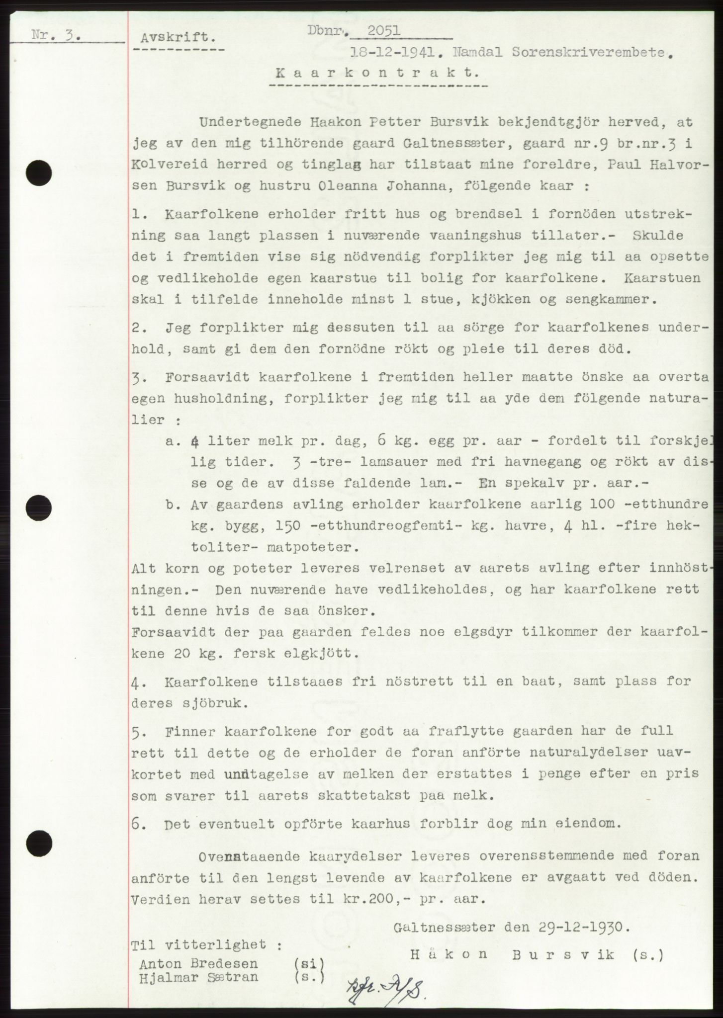 Namdal sorenskriveri, SAT/A-4133/1/2/2C: Pantebok nr. -, 1941-1942, Dagboknr: 2051/1941