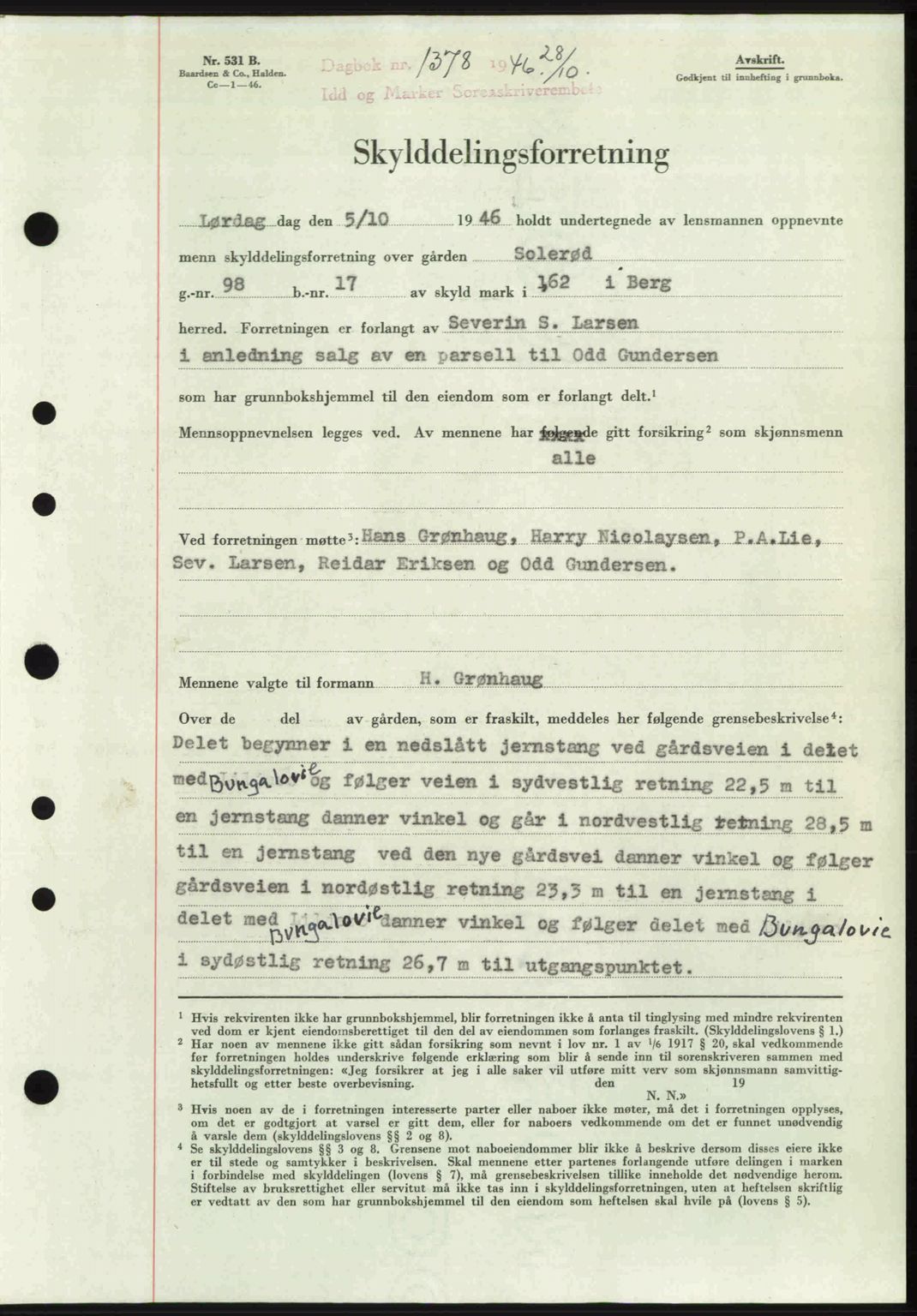 Idd og Marker sorenskriveri, SAO/A-10283/G/Gb/Gbb/L0008: Pantebok nr. A8, 1946-1946, Dagboknr: 1378/1946