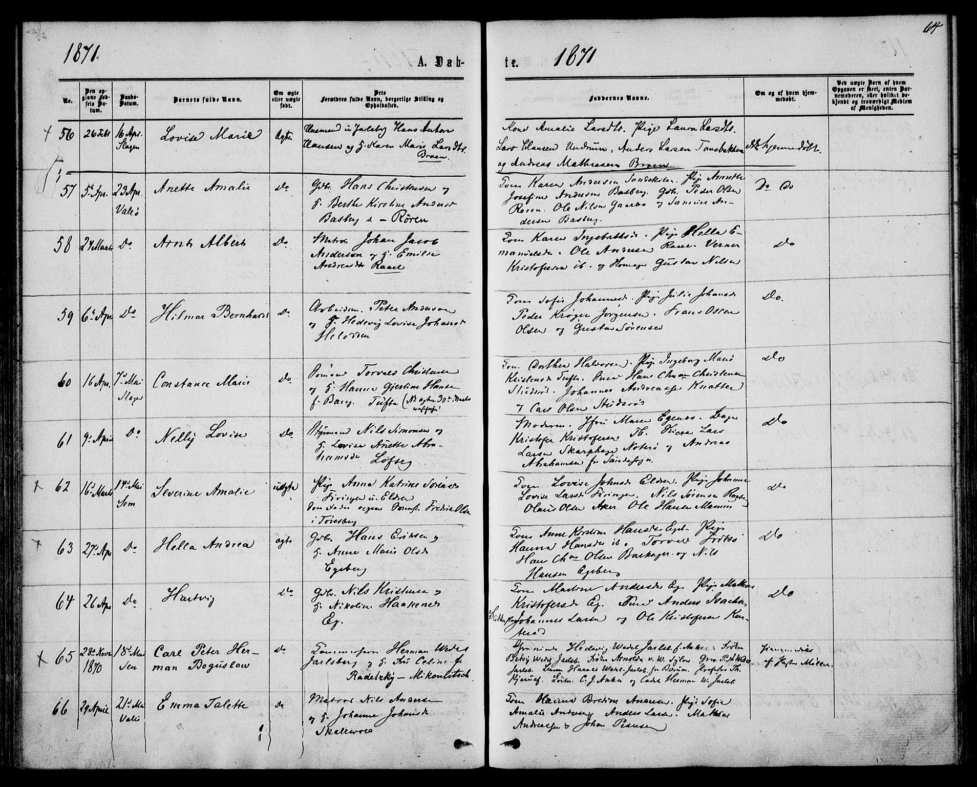 Sem kirkebøker, AV/SAKO-A-5/F/Fa/L0008: Ministerialbok nr. I 8, 1866-1873, s. 64