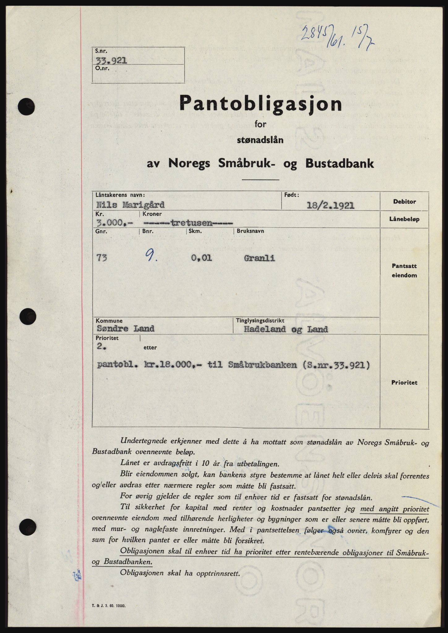 Hadeland og Land tingrett, SAH/TING-010/H/Hb/Hbc/L0046: Pantebok nr. B46, 1961-1961, Dagboknr: 2845/1961